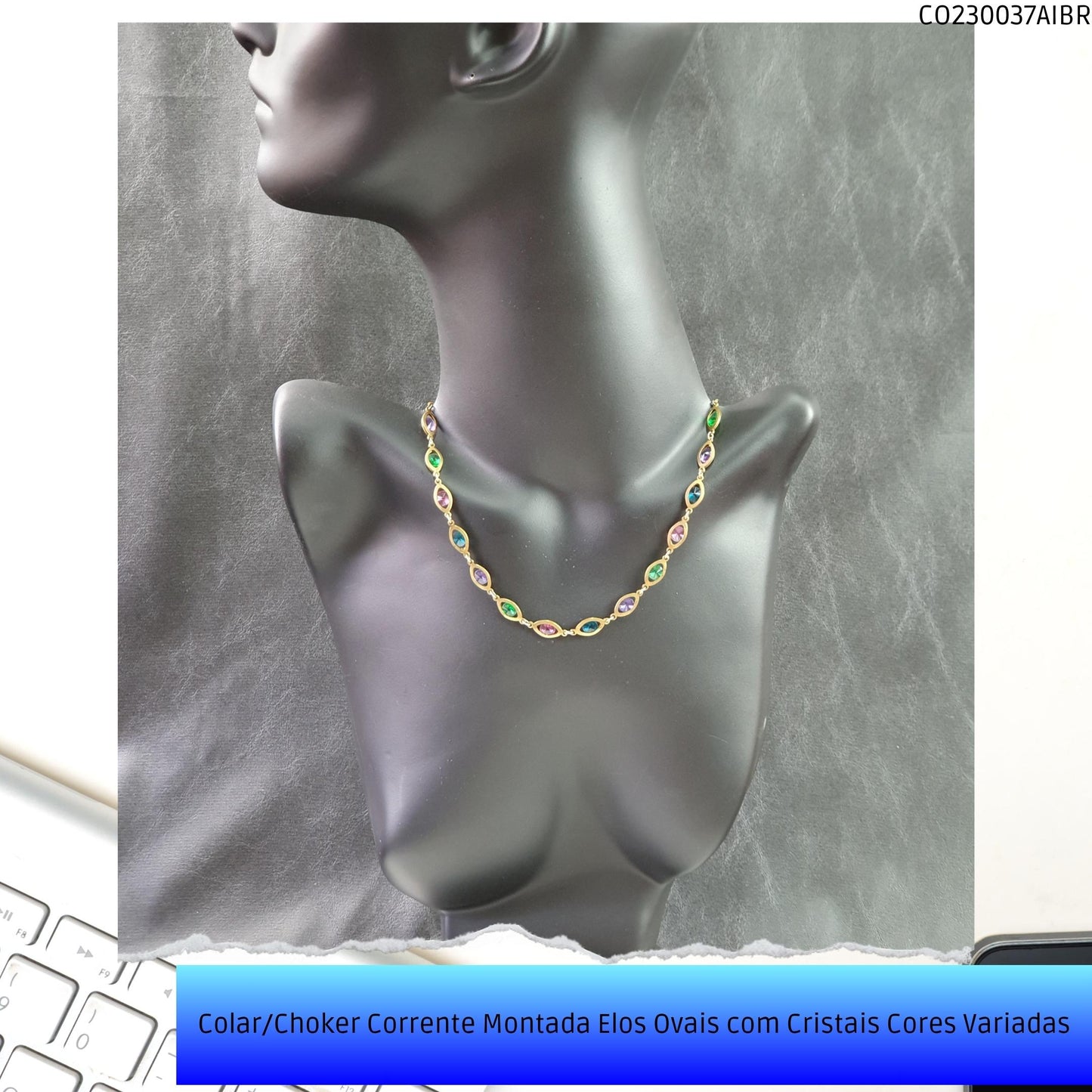 Colar/Choker Corrente Montada Elos Ovais com Cristais Cores Variadas  - Código.: CO230037AIBR  - Peso.: 8.5 gr