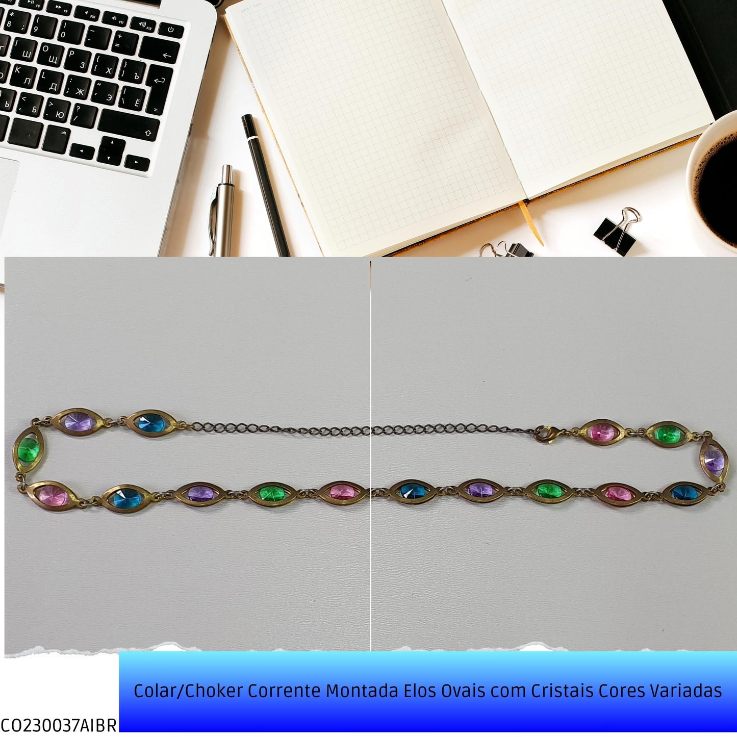 Colar/Choker Corrente Montada Elos Ovais com Cristais Cores Variadas  - Código.: CO230037AIBR  - Peso.: 8.5 gr