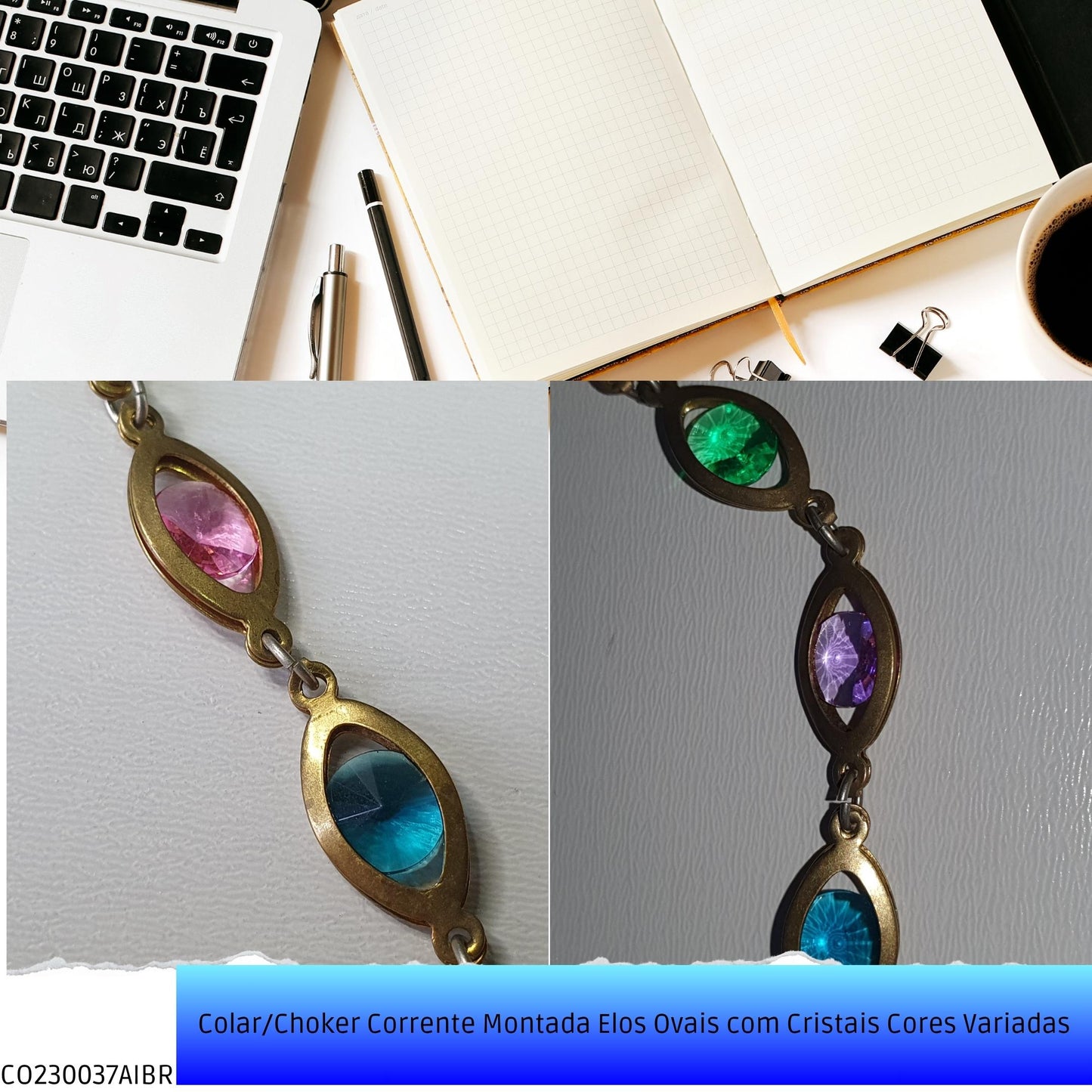 Colar/Choker Corrente Montada Elos Ovais com Cristais Cores Variadas  - Código.: CO230037AIBR  - Peso.: 8.5 gr