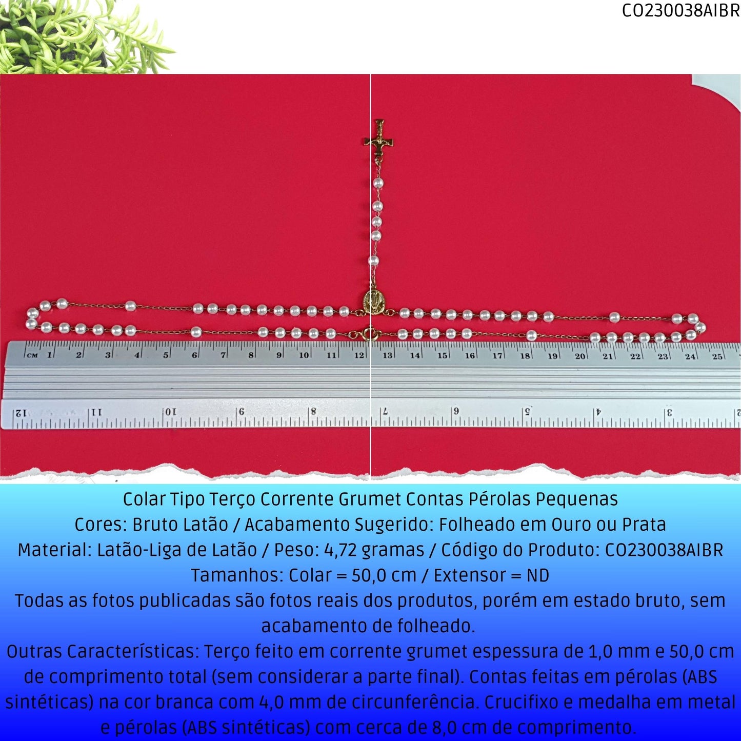Colar Tipo Terço Corrente Grumet Contas Pérolas Pequenas  - Código.: CO230038AIBR  - Peso.: 4.7 gr