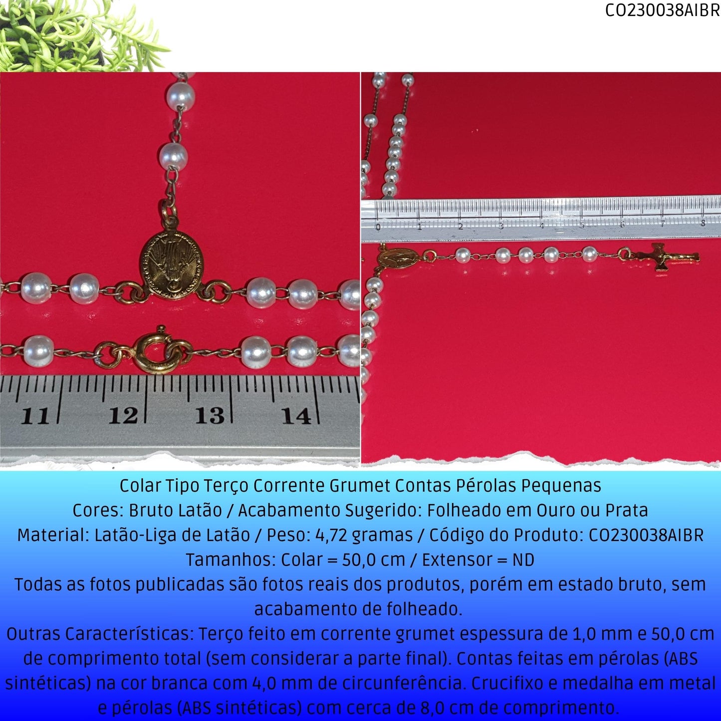 Colar Tipo Terço Corrente Grumet Contas Pérolas Pequenas  - Código.: CO230038AIBR  - Peso.: 4.7 gr