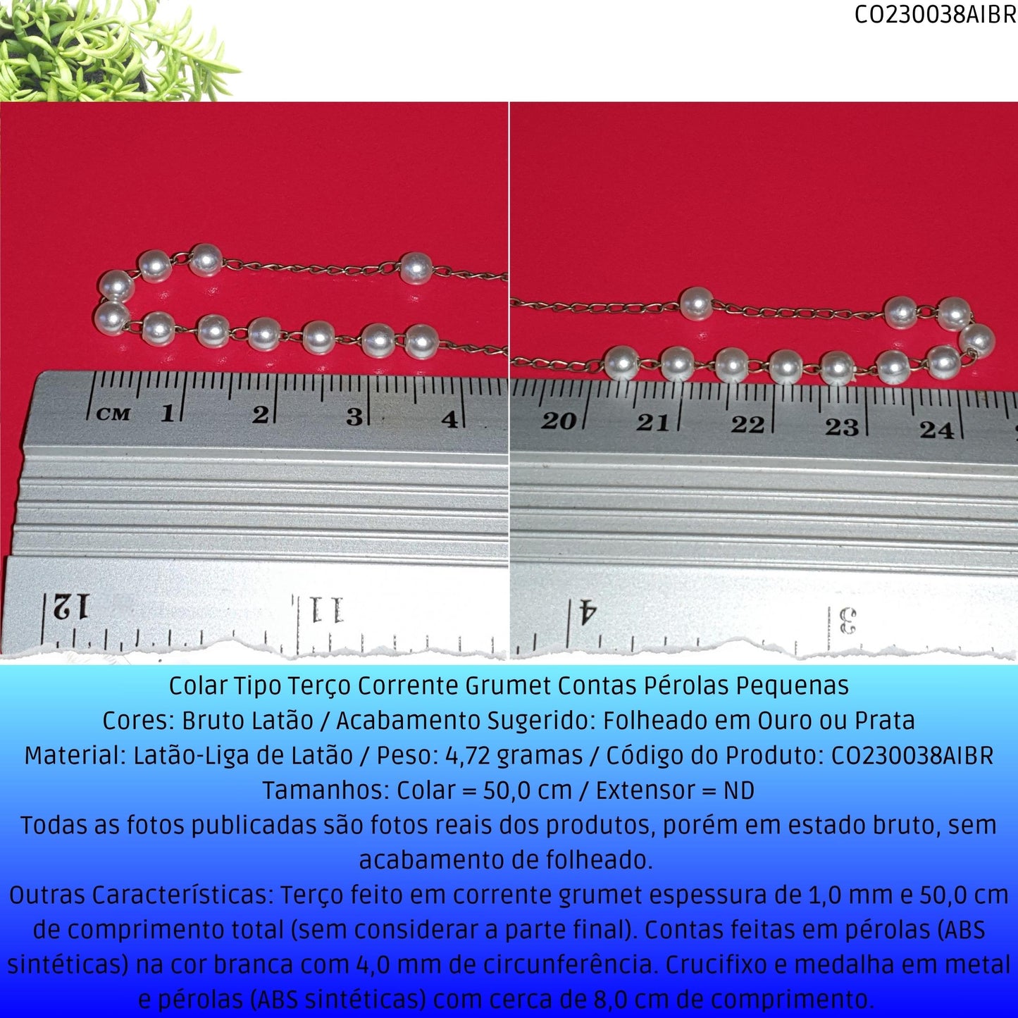 Colar Tipo Terço Corrente Grumet Contas Pérolas Pequenas  - Código.: CO230038AIBR  - Peso.: 4.7 gr
