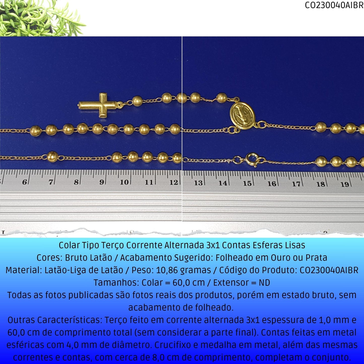 Colar Tipo Terço Corrente Alternada 3x1 Contas Esferas Lisas  - Código.: CO230040AIBR  - Peso.: 10.9 gr
