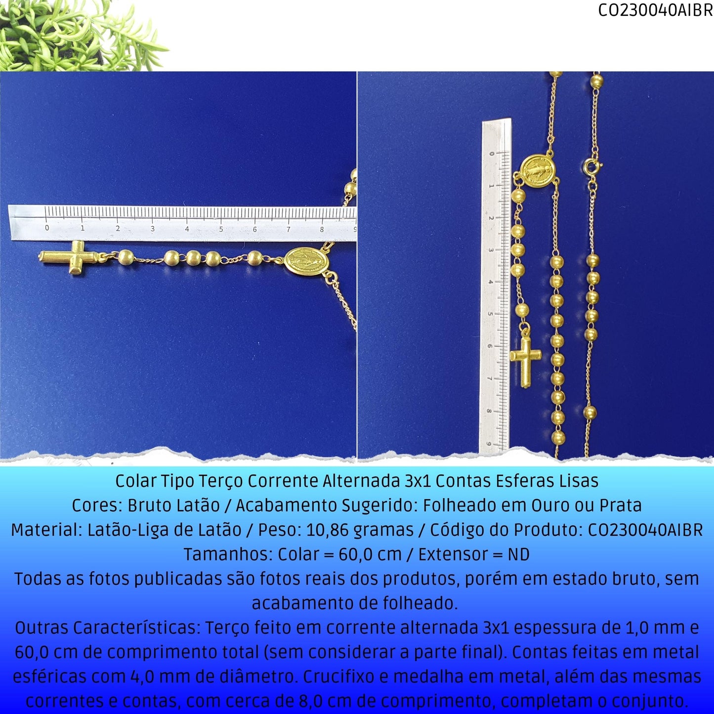 Colar Tipo Terço Corrente Alternada 3x1 Contas Esferas Lisas  - Código.: CO230040AIBR  - Peso.: 10.9 gr