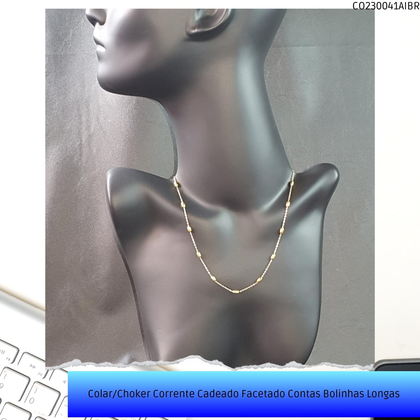 Colar/Choker Corrente Cadeado Facetado Contas Bolinhas Longas  - Código.: CO230041AIBR  - Peso.: 4.8 gr