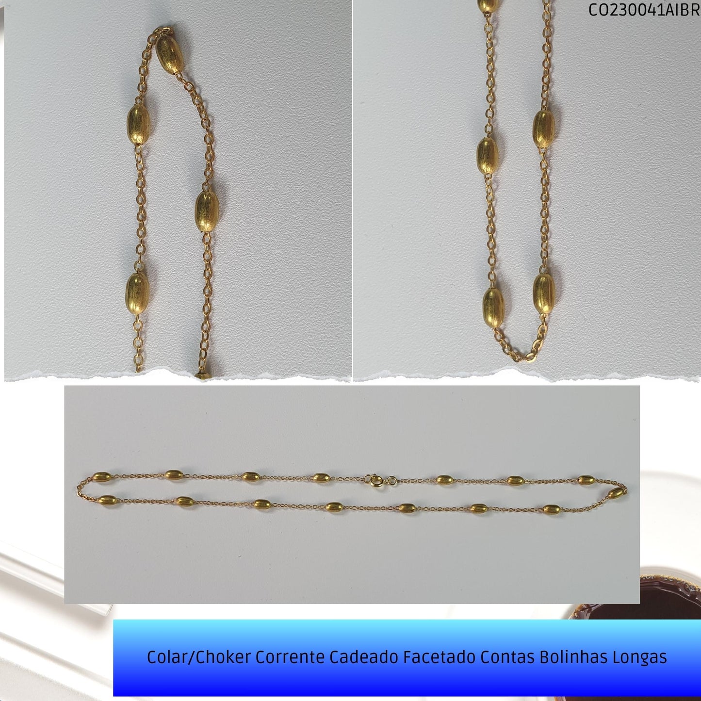 Colar/Choker Corrente Cadeado Facetado Contas Bolinhas Longas  - Código.: CO230041AIBR  - Peso.: 4.8 gr
