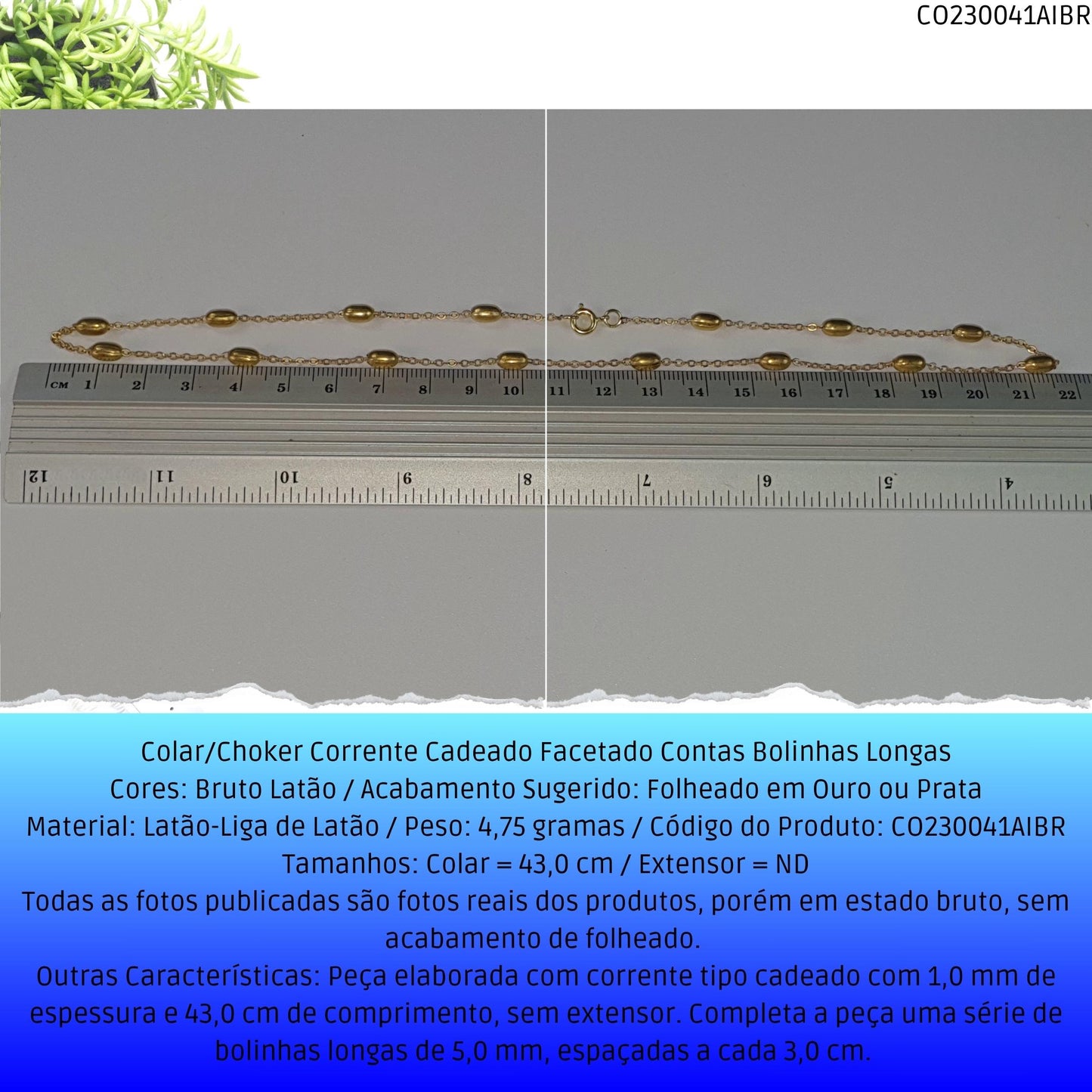 Colar/Choker Corrente Cadeado Facetado Contas Bolinhas Longas  - Código.: CO230041AIBR  - Peso.: 4.8 gr