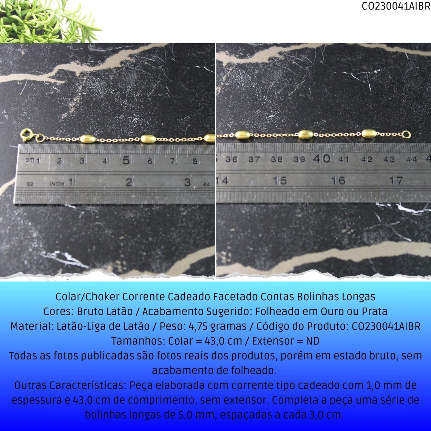 Colar/Choker Corrente Cadeado Facetado Contas Bolinhas Longas  - Código.: CO230041AIBR  - Peso.: 4.8 gr