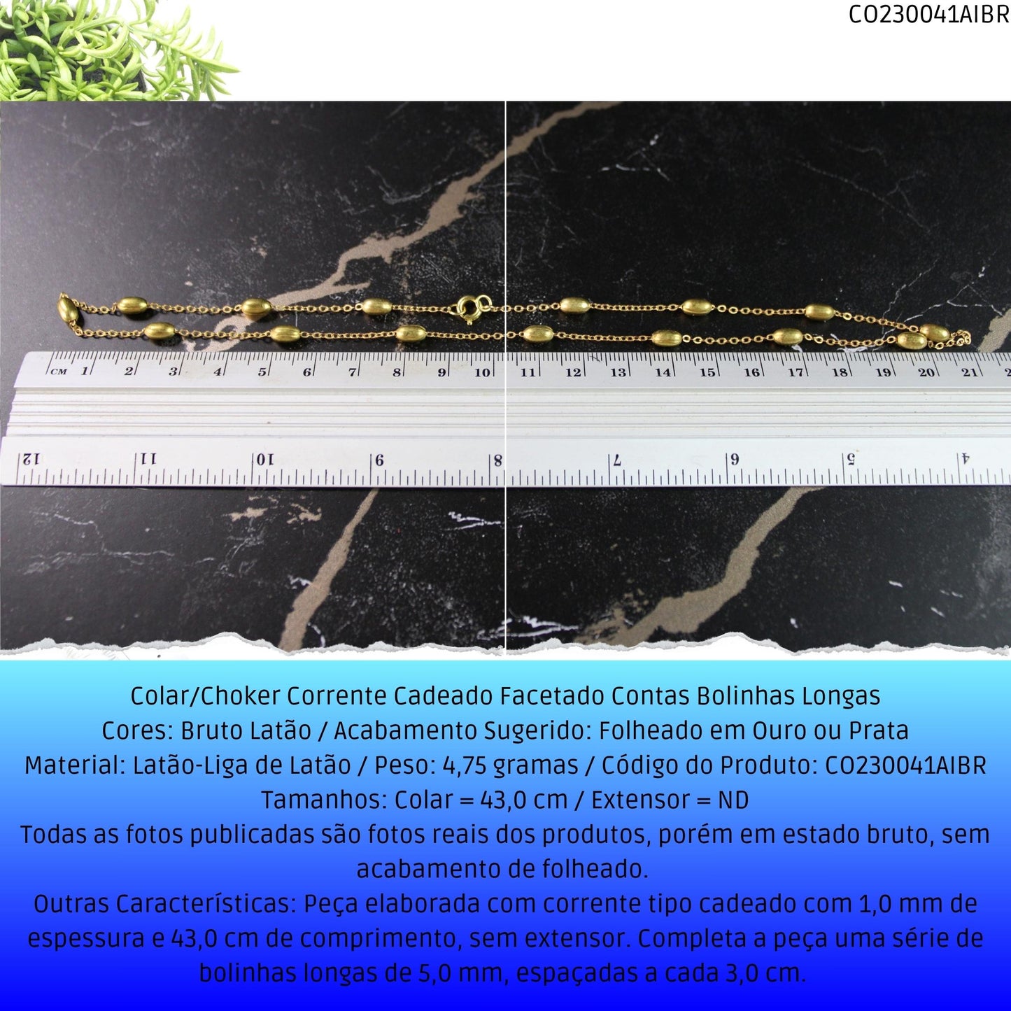 Colar/Choker Corrente Cadeado Facetado Contas Bolinhas Longas  - Código.: CO230041AIBR  - Peso.: 4.8 gr