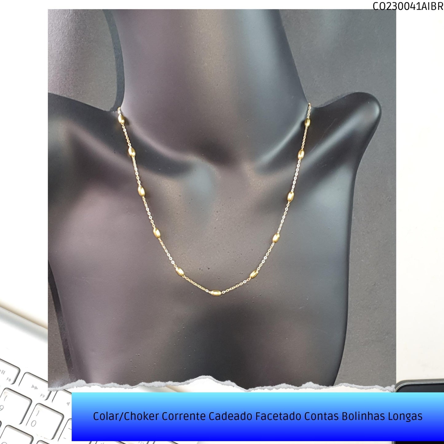 Colar/Choker Corrente Cadeado Facetado Contas Bolinhas Longas  - Código.: CO230041AIBR  - Peso.: 4.8 gr