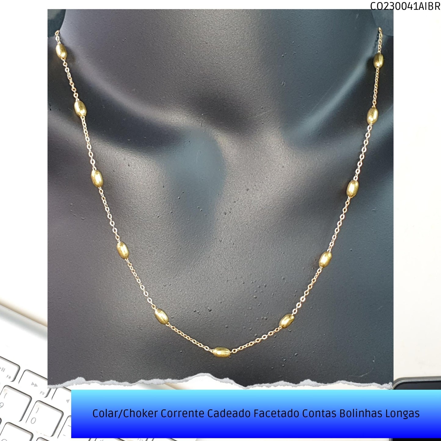 Colar/Choker Corrente Cadeado Facetado Contas Bolinhas Longas  - Código.: CO230041AIBR  - Peso.: 4.8 gr