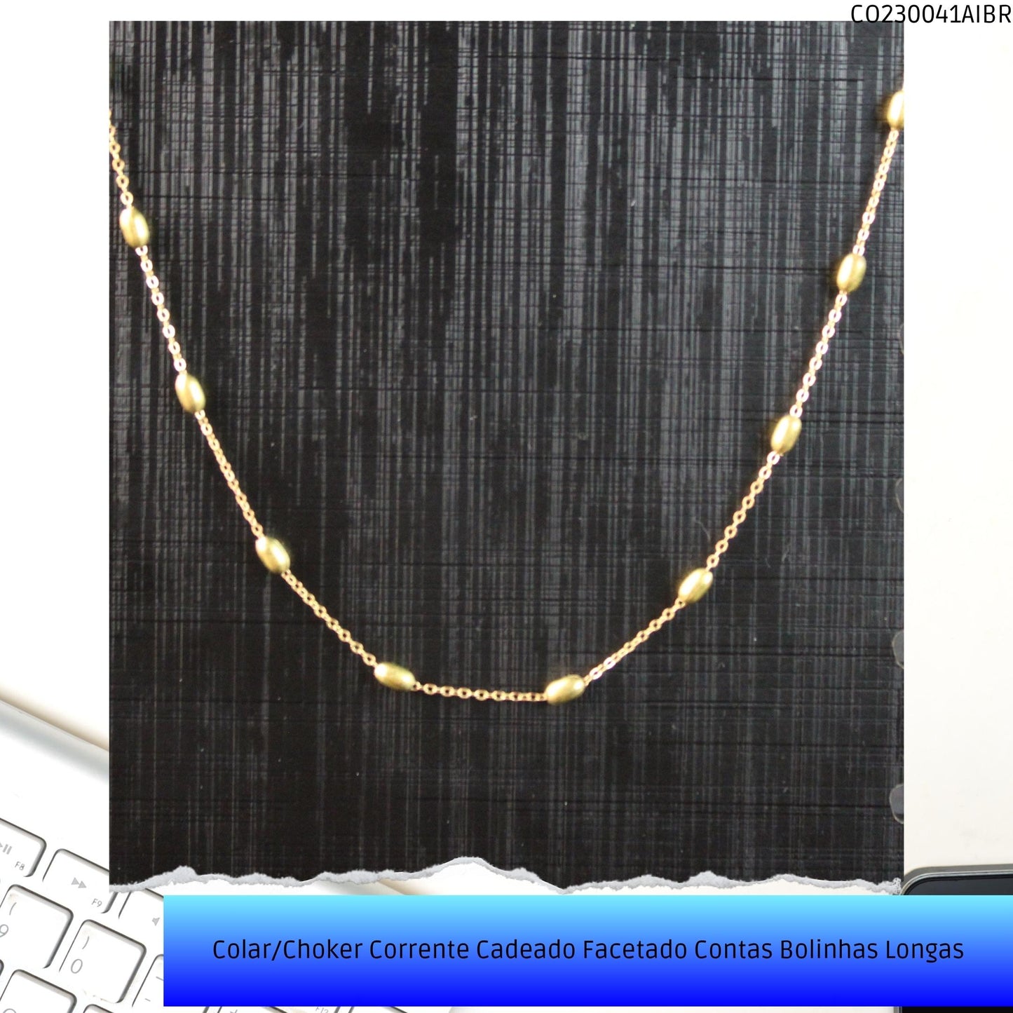 Colar/Choker Corrente Cadeado Facetado Contas Bolinhas Longas  - Código.: CO230041AIBR  - Peso.: 4.8 gr