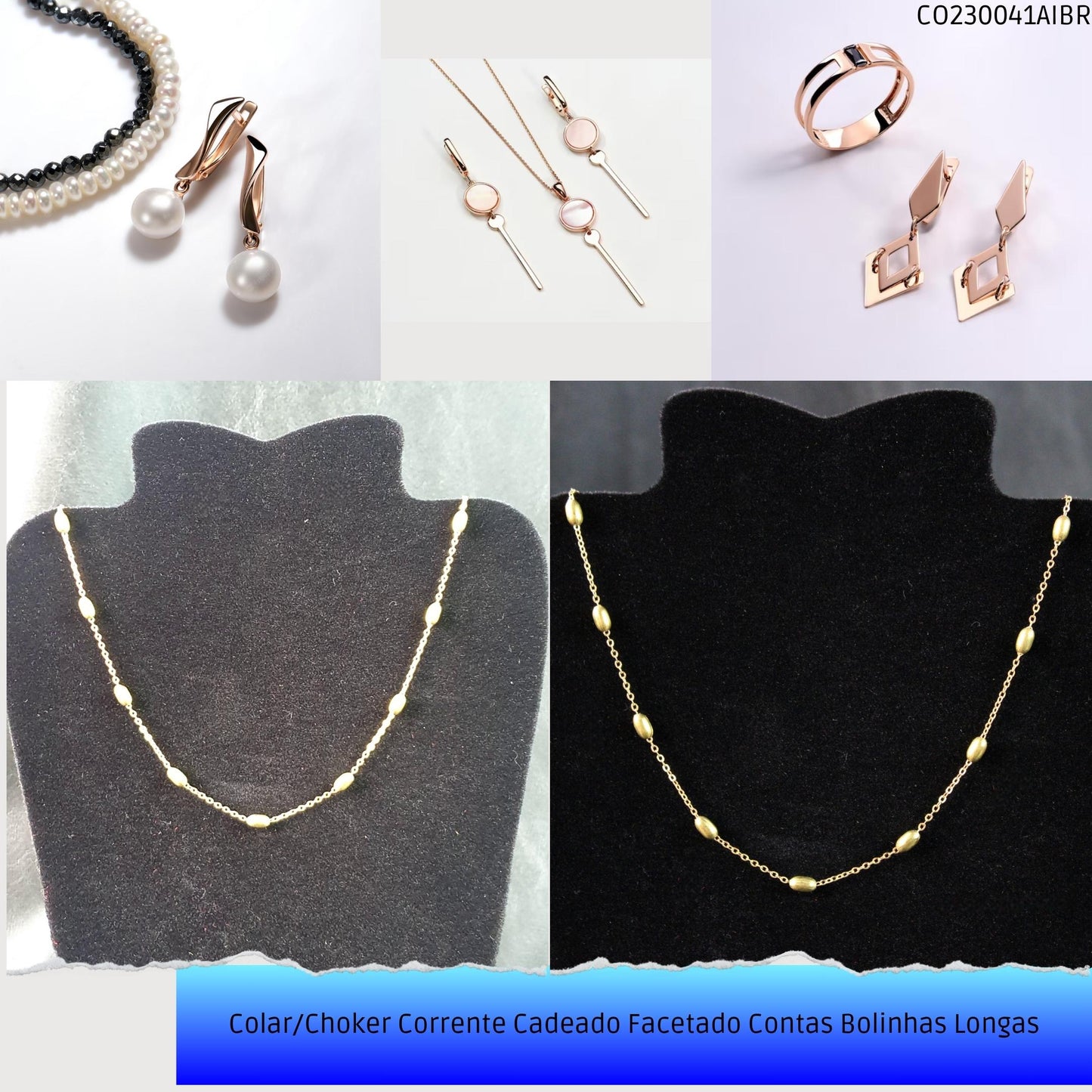 Colar/Choker Corrente Cadeado Facetado Contas Bolinhas Longas  - Código.: CO230041AIBR  - Peso.: 4.8 gr