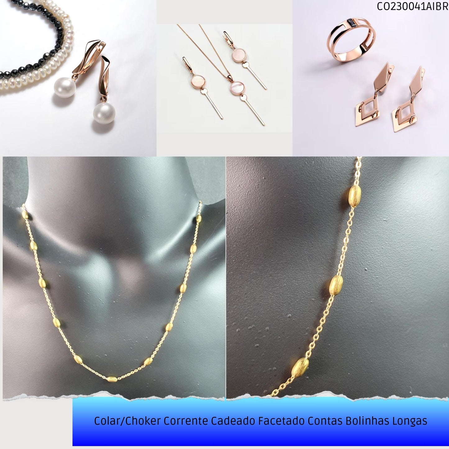 Colar/Choker Corrente Cadeado Facetado Contas Bolinhas Longas  - Código.: CO230041AIBR  - Peso.: 4.8 gr