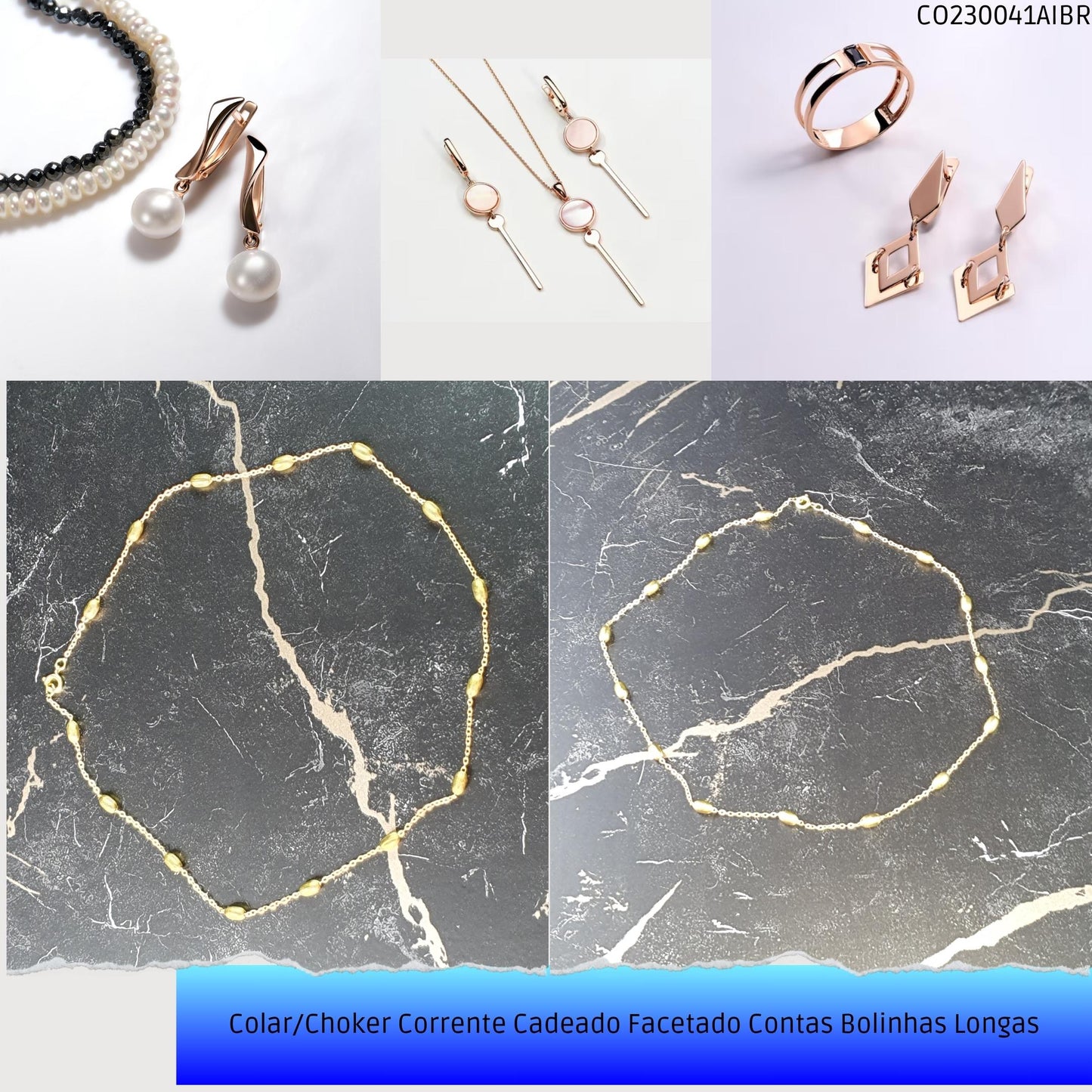 Colar/Choker Corrente Cadeado Facetado Contas Bolinhas Longas  - Código.: CO230041AIBR  - Peso.: 4.8 gr