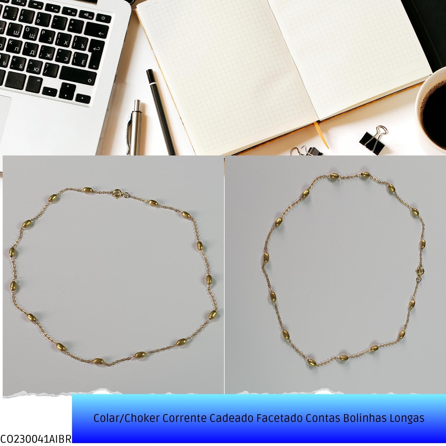 Colar/Choker Corrente Cadeado Facetado Contas Bolinhas Longas  - Código.: CO230041AIBR  - Peso.: 4.8 gr
