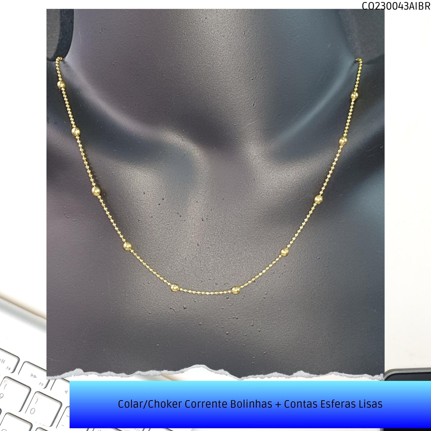 Colar/Choker Corrente Bolinhas + Contas Esferas Lisas  - Código.: CO230043AIBR  - Peso.: 4.8 gr