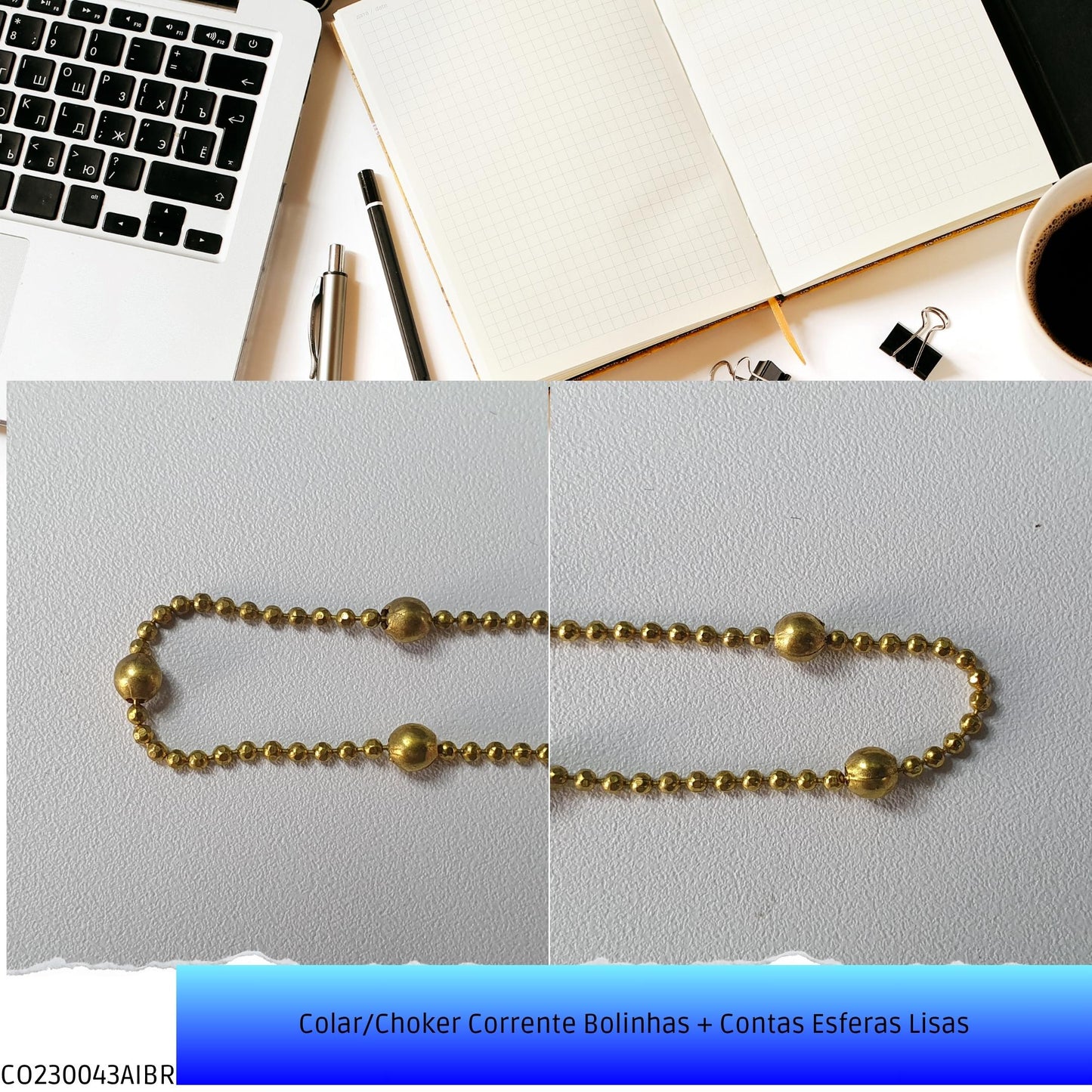 Colar/Choker Corrente Bolinhas + Contas Esferas Lisas  - Código.: CO230043AIBR  - Peso.: 4.8 gr