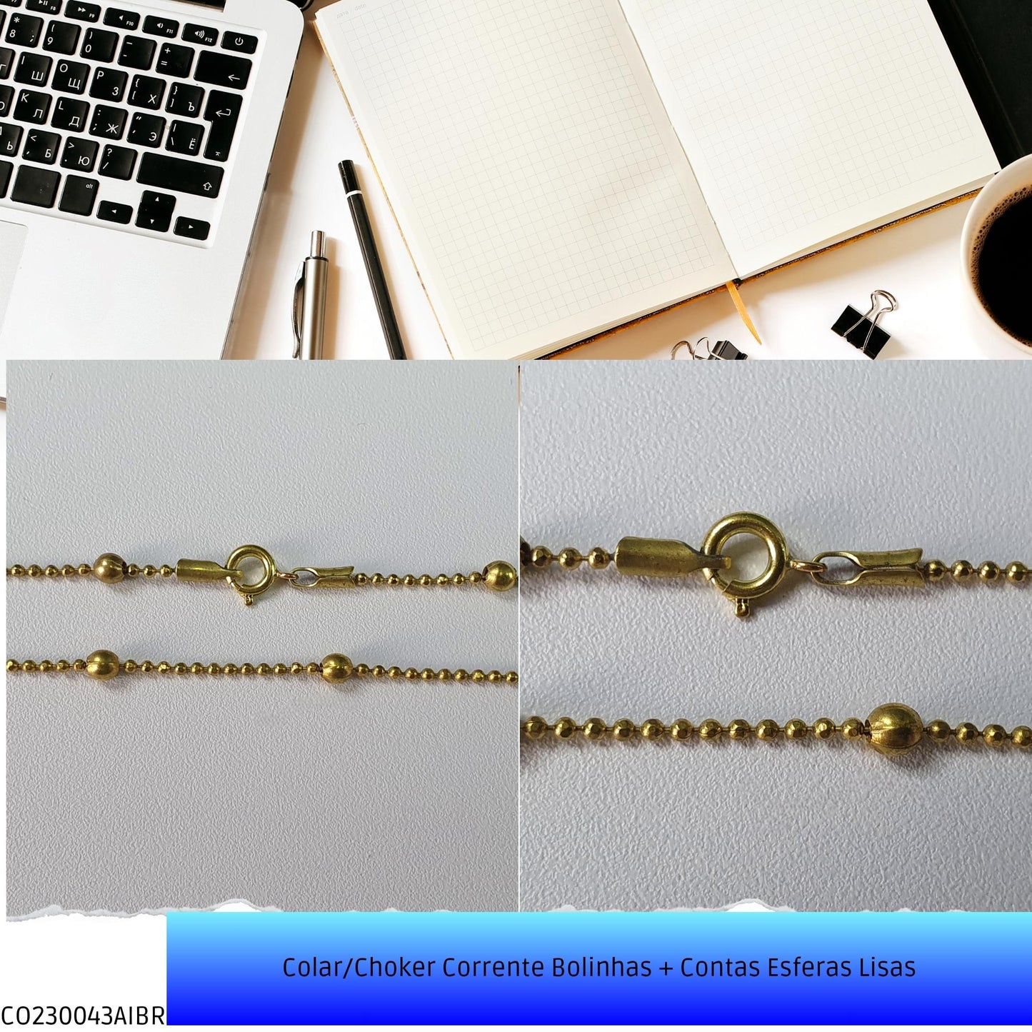 Colar/Choker Corrente Bolinhas + Contas Esferas Lisas  - Código.: CO230043AIBR  - Peso.: 4.8 gr