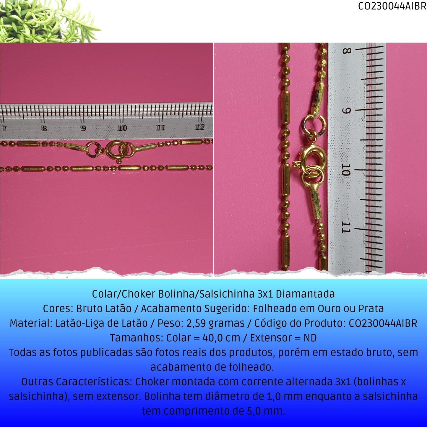 Colar/Choker Bolinha/Salsichinha 3x1 Diamantada  - Código.: CO230044AIBR  - Peso.: 2.6 gr