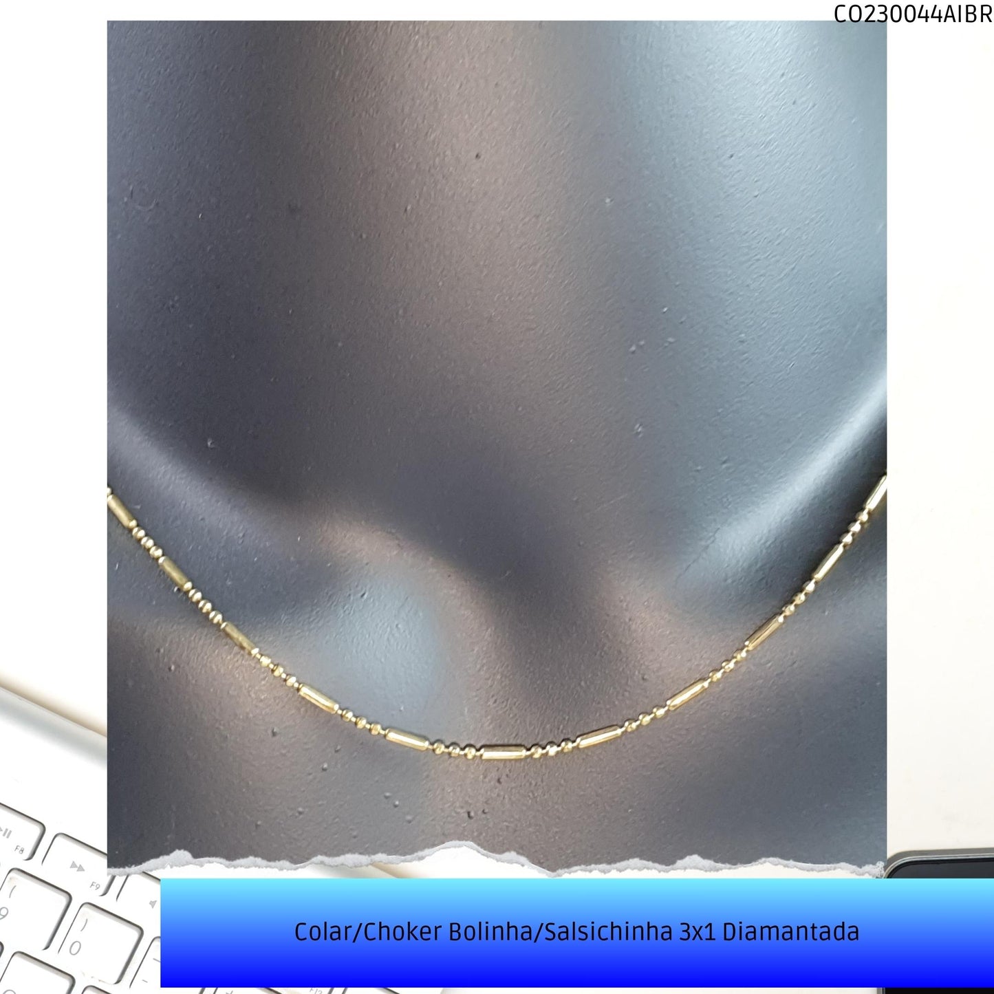 Colar/Choker Bolinha/Salsichinha 3x1 Diamantada  - Código.: CO230044AIBR  - Peso.: 2.6 gr