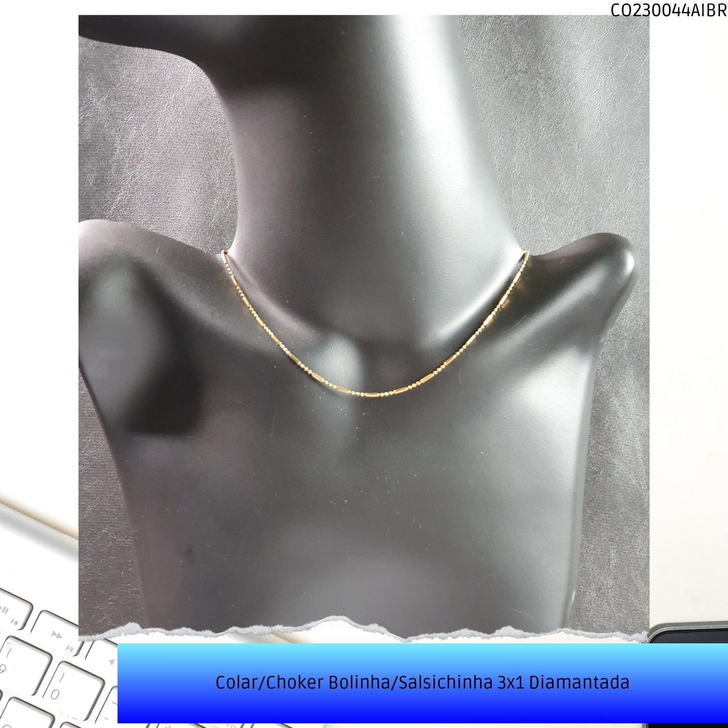 Colar/Choker Bolinha/Salsichinha 3x1 Diamantada  - Código.: CO230044AIBR  - Peso.: 2.6 gr