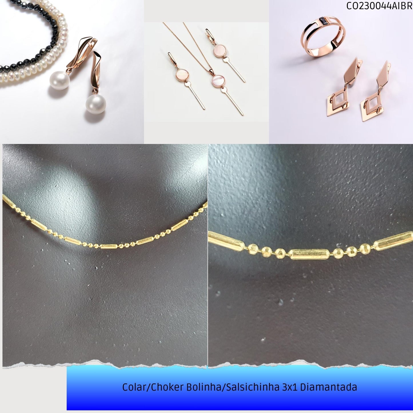 Colar/Choker Bolinha/Salsichinha 3x1 Diamantada  - Código.: CO230044AIBR  - Peso.: 2.6 gr