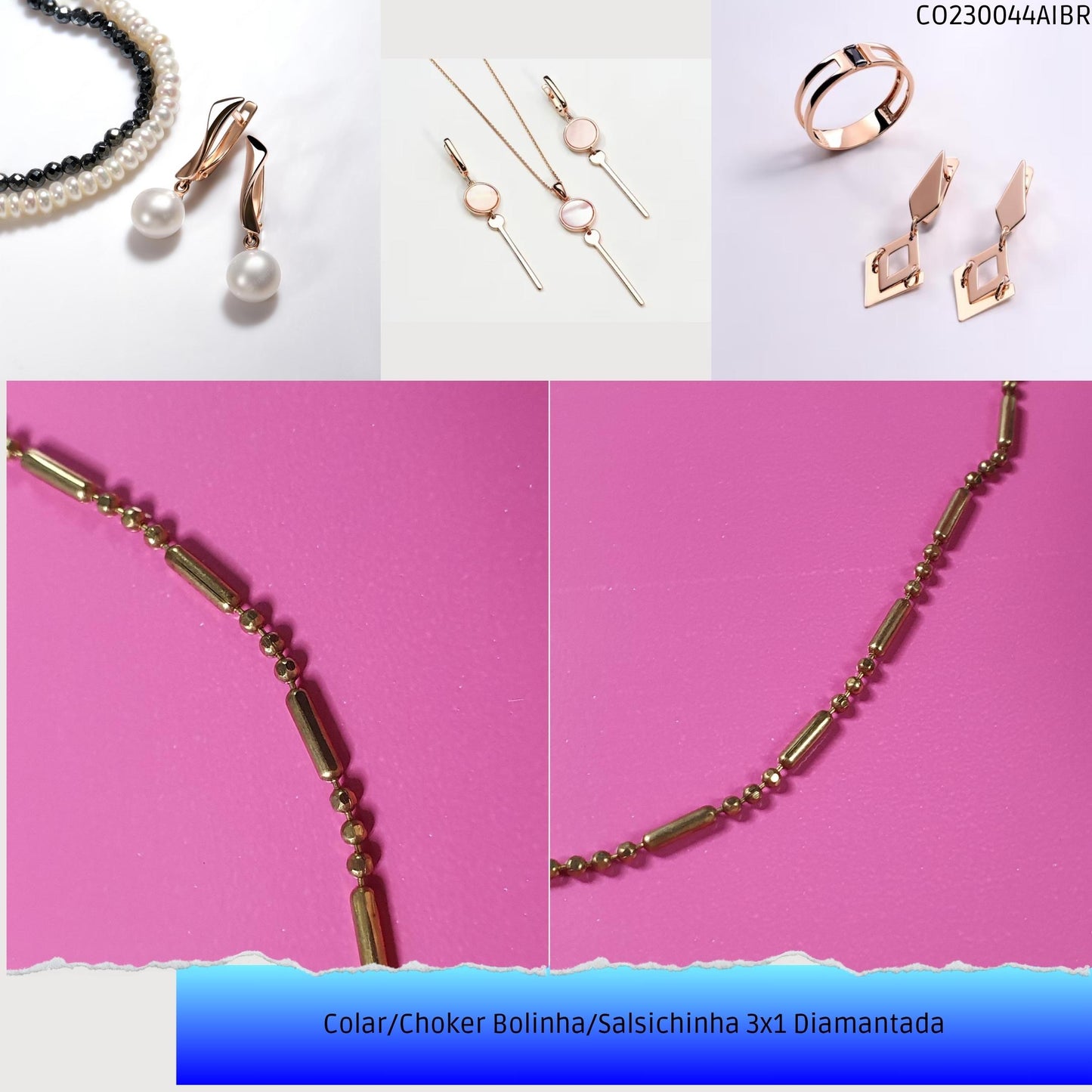 Colar/Choker Bolinha/Salsichinha 3x1 Diamantada  - Código.: CO230044AIBR  - Peso.: 2.6 gr