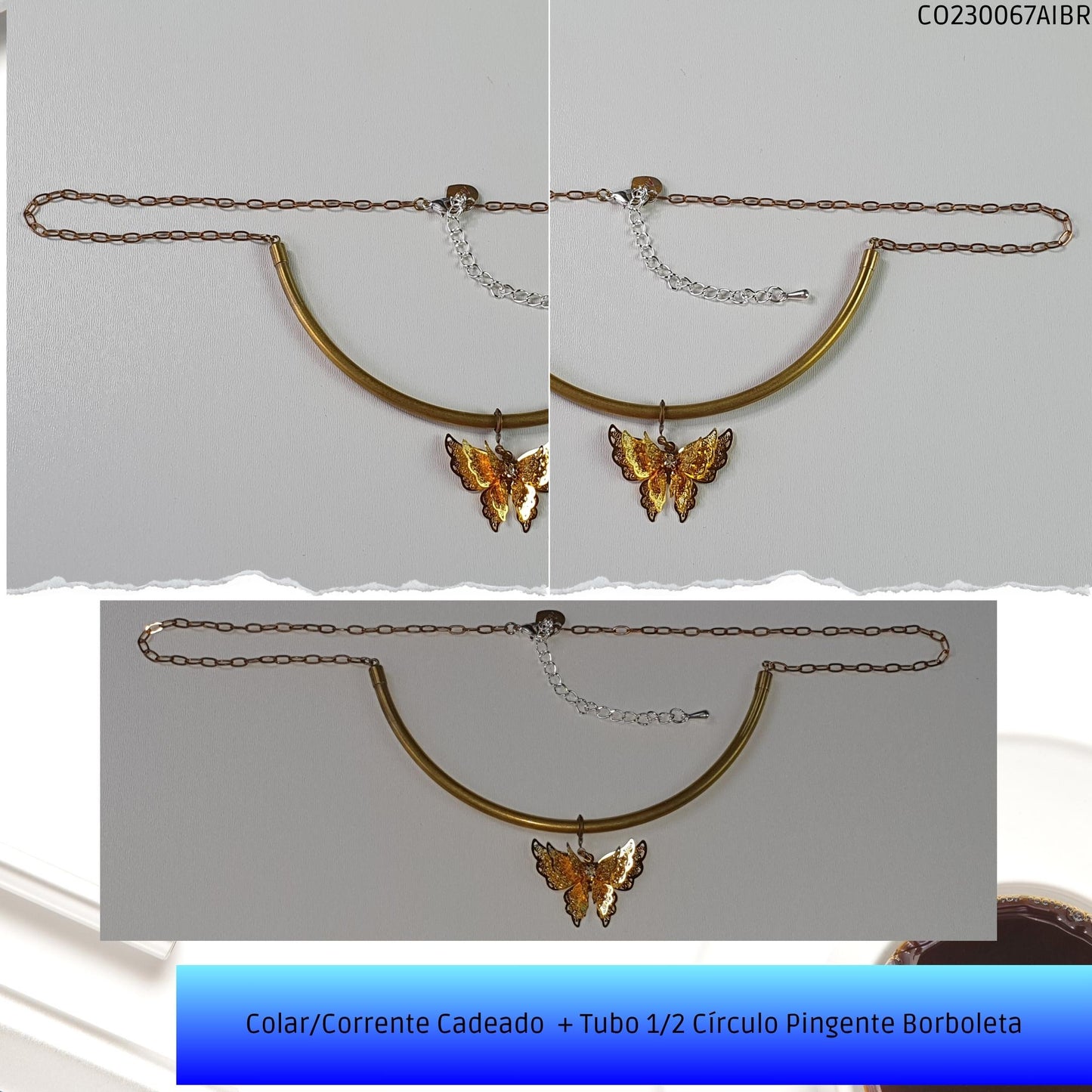 Colar/Corrente Cadeado  + Tubo 1/2 Círculo Pingente Borboleta  - Código.: CO230067AIBR  - Peso.: 12.3 gr