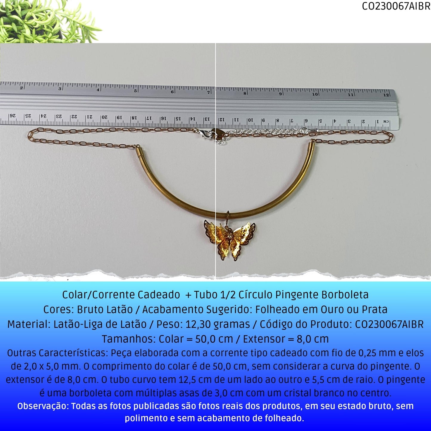 Colar/Corrente Cadeado  + Tubo 1/2 Círculo Pingente Borboleta  - Código.: CO230067AIBR  - Peso.: 12.3 gr