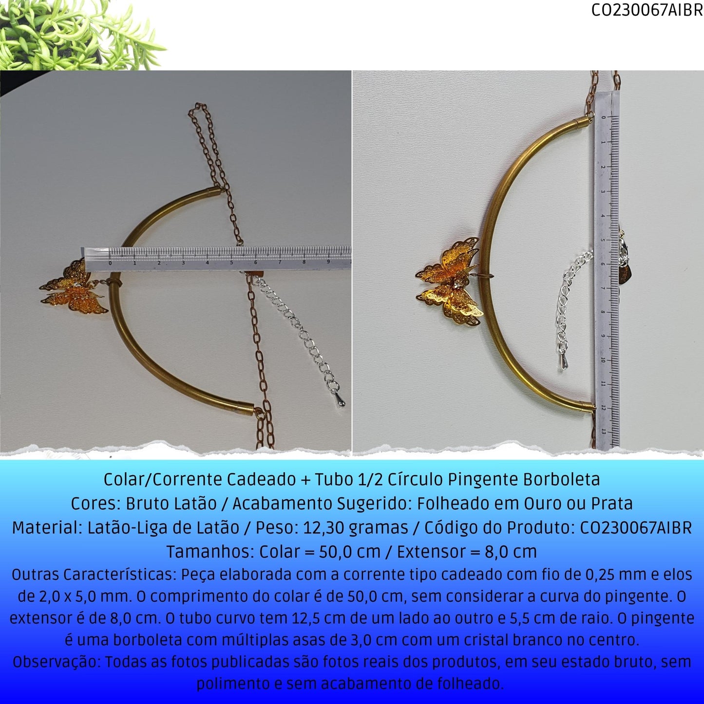 Colar/Corrente Cadeado  + Tubo 1/2 Círculo Pingente Borboleta  - Código.: CO230067AIBR  - Peso.: 12.3 gr