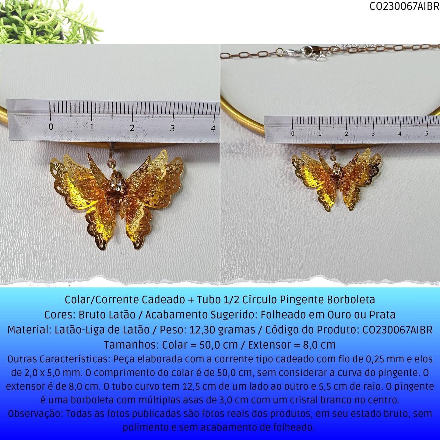 Colar/Corrente Cadeado  + Tubo 1/2 Círculo Pingente Borboleta  - Código.: CO230067AIBR  - Peso.: 12.3 gr