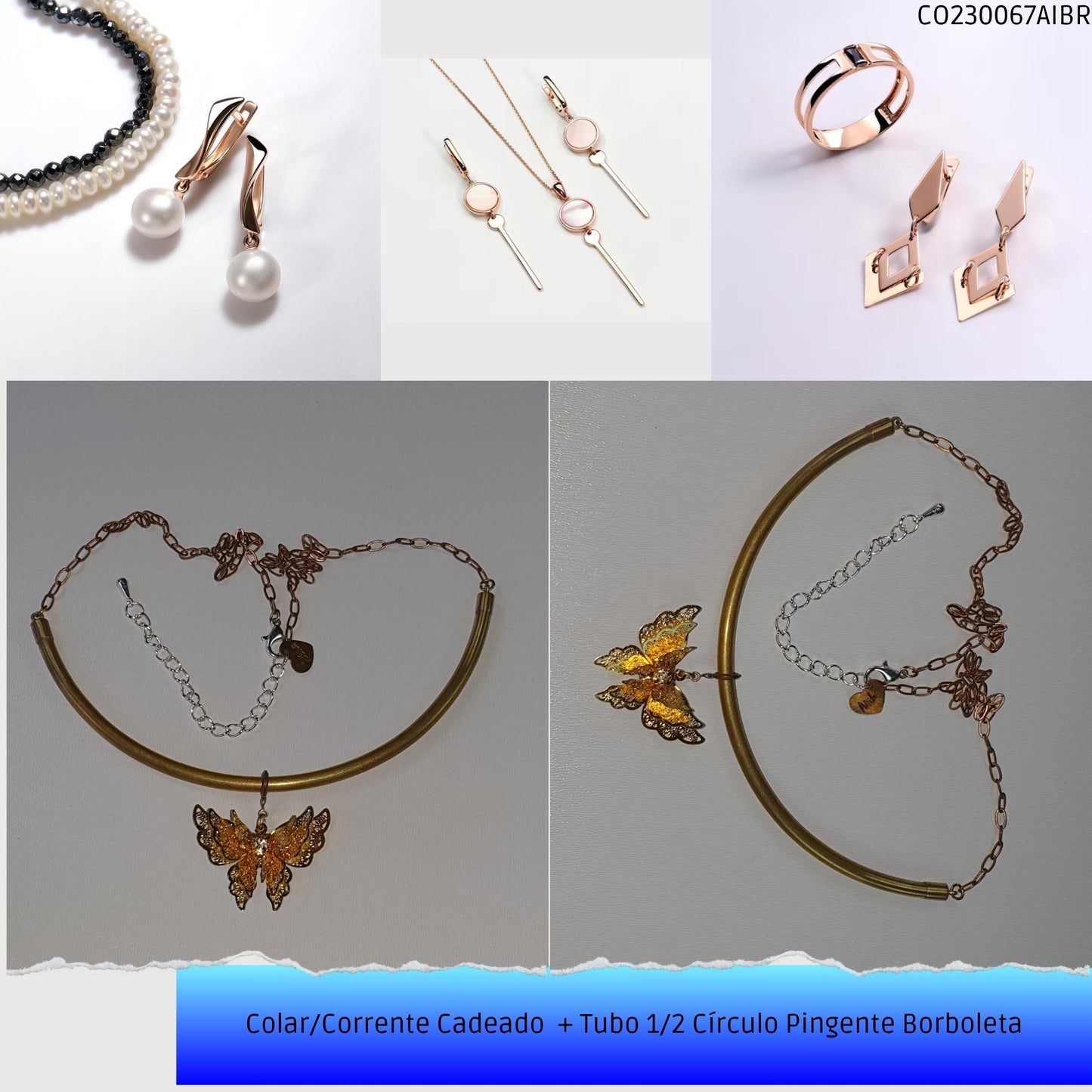 Colar/Corrente Cadeado  + Tubo 1/2 Círculo Pingente Borboleta  - Código.: CO230067AIBR  - Peso.: 12.3 gr