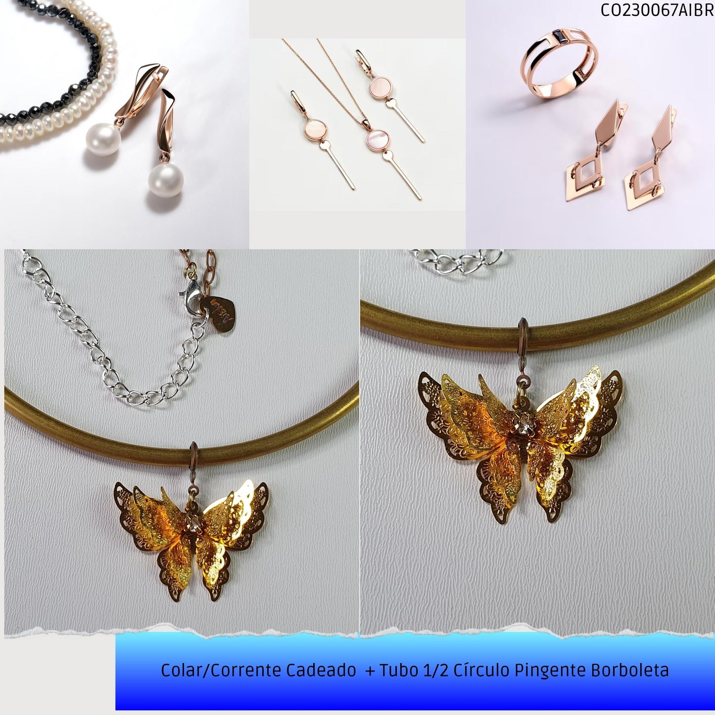 Colar/Corrente Cadeado  + Tubo 1/2 Círculo Pingente Borboleta  - Código.: CO230067AIBR  - Peso.: 12.3 gr
