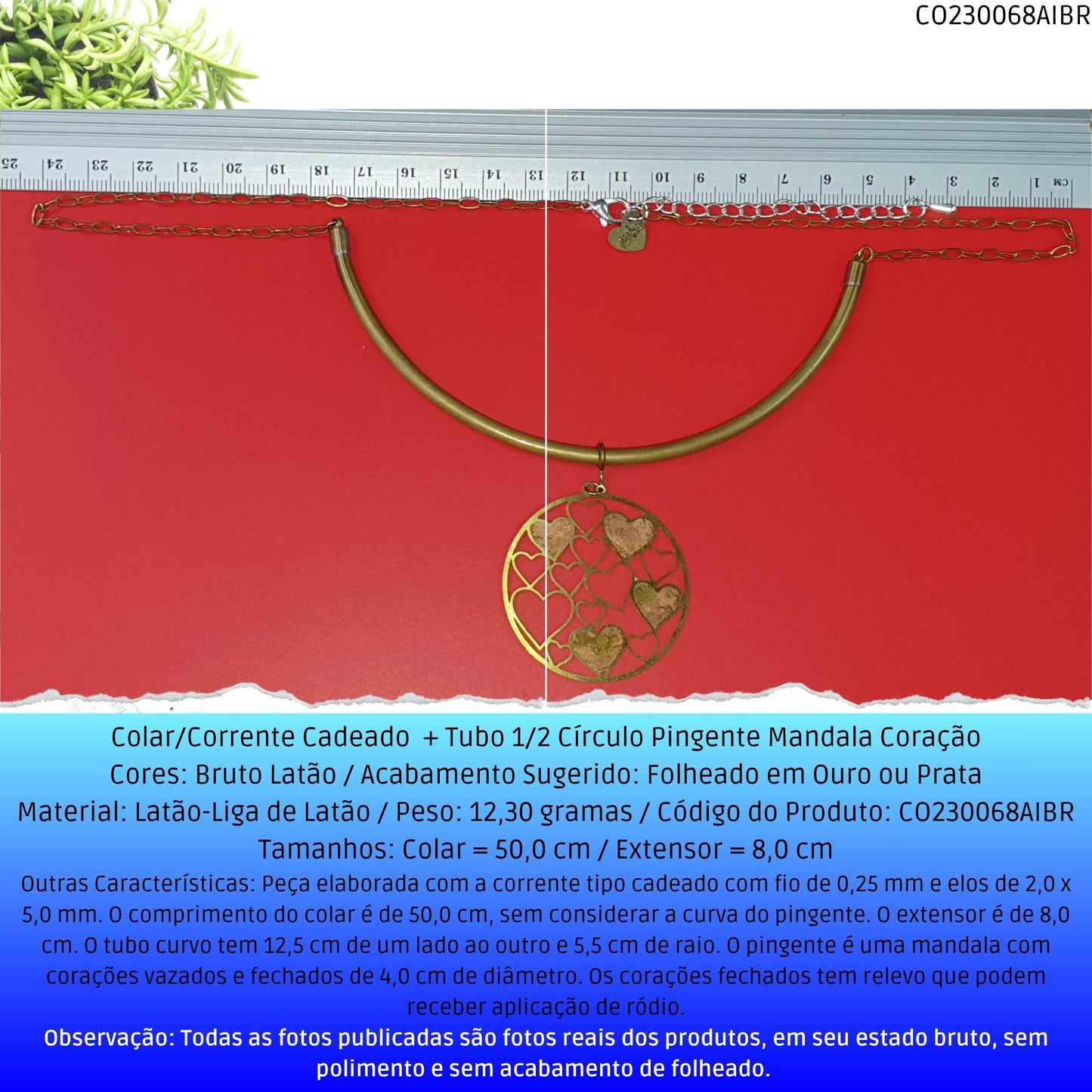 Colar/Corrente Cadeado  + Tubo 1/2 Círculo Pingente Mandala Coração  - Código.: CO230068AIBR  - Peso.: 12.5 gr