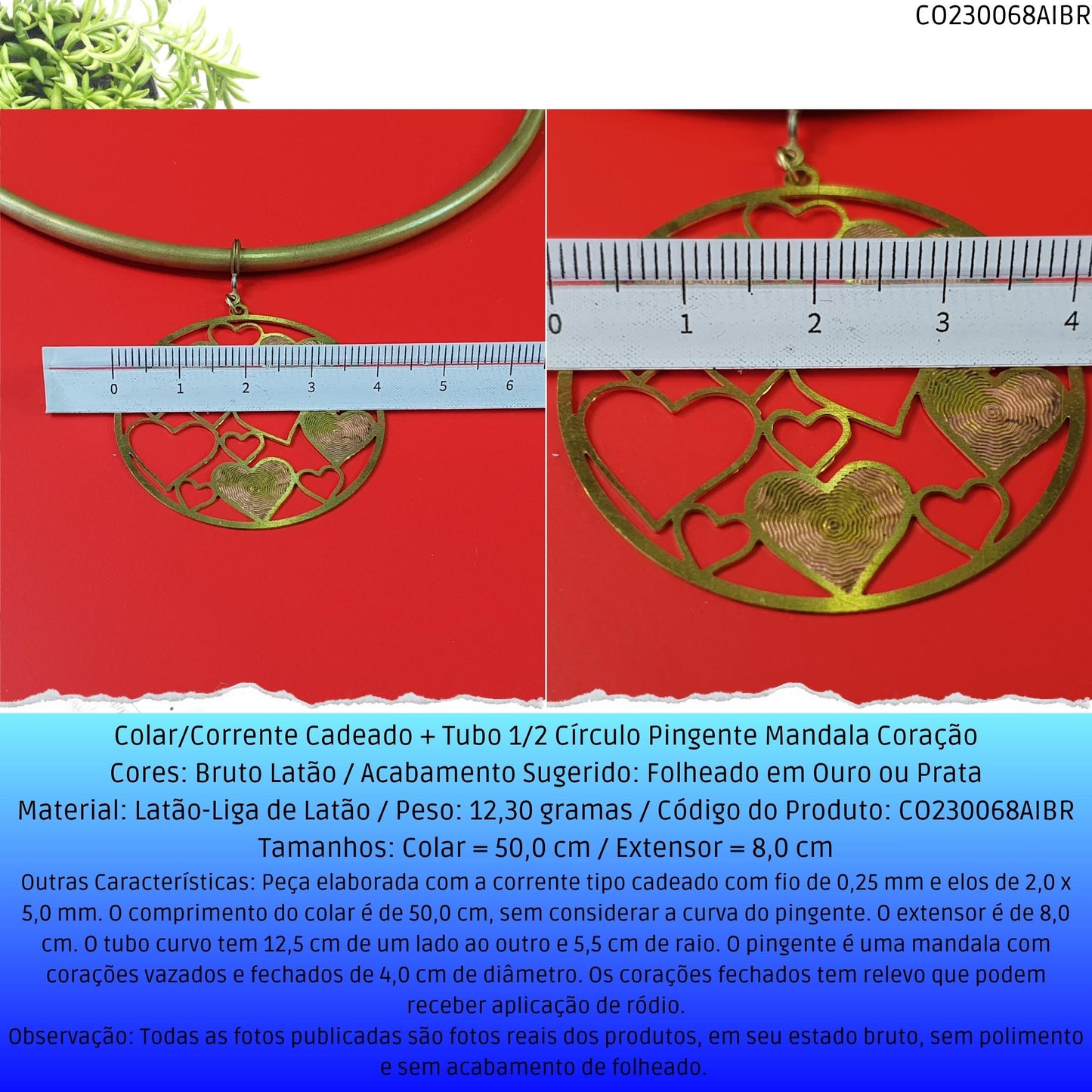 Colar/Corrente Cadeado  + Tubo 1/2 Círculo Pingente Mandala Coração  - Código.: CO230068AIBR  - Peso.: 12.5 gr