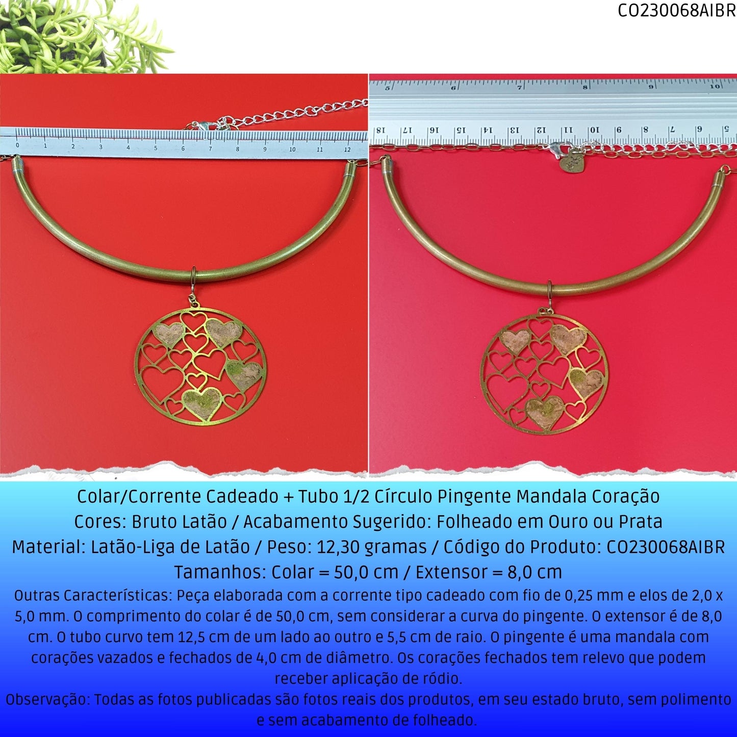 Colar/Corrente Cadeado  + Tubo 1/2 Círculo Pingente Mandala Coração  - Código.: CO230068AIBR  - Peso.: 12.5 gr