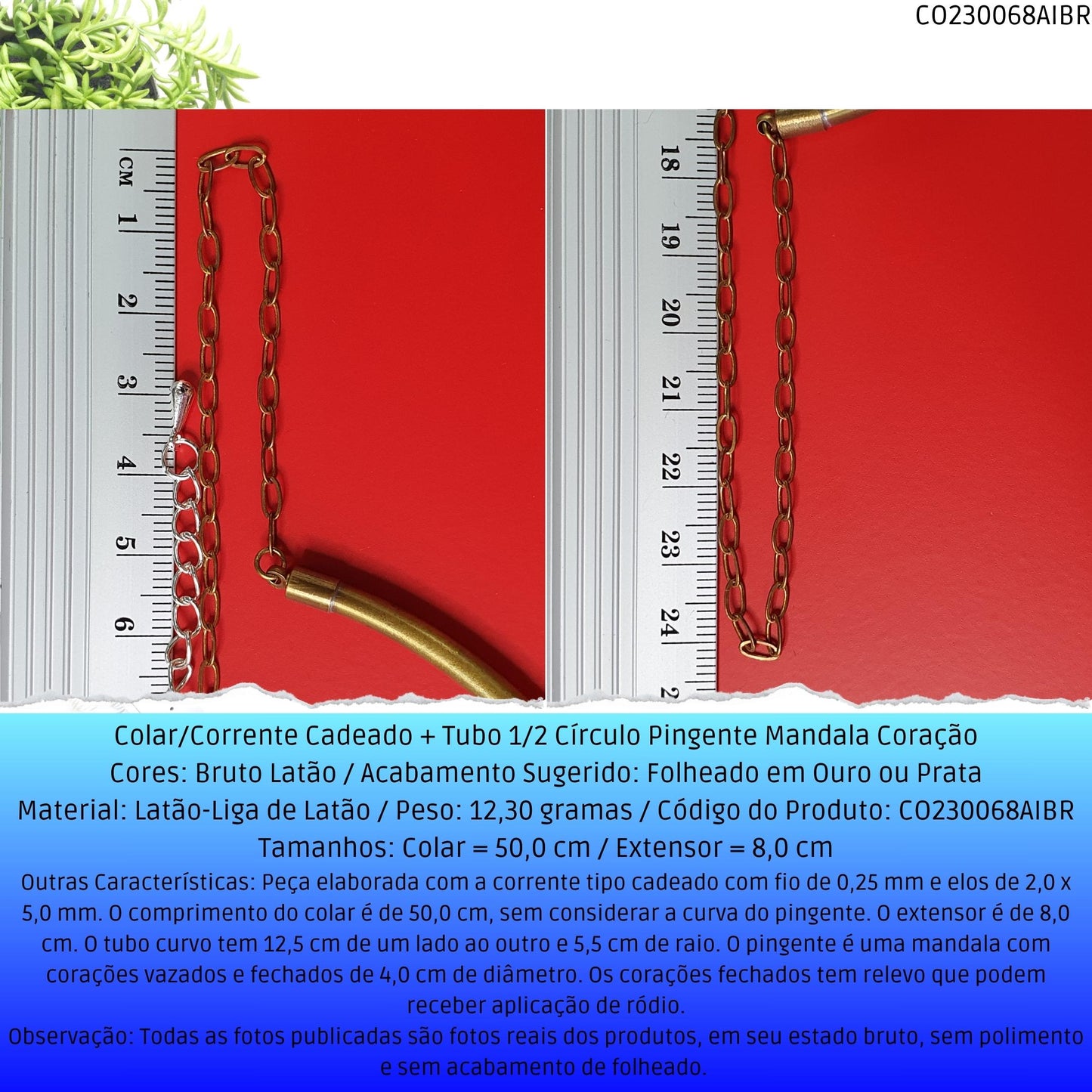 Colar/Corrente Cadeado  + Tubo 1/2 Círculo Pingente Mandala Coração  - Código.: CO230068AIBR  - Peso.: 12.5 gr