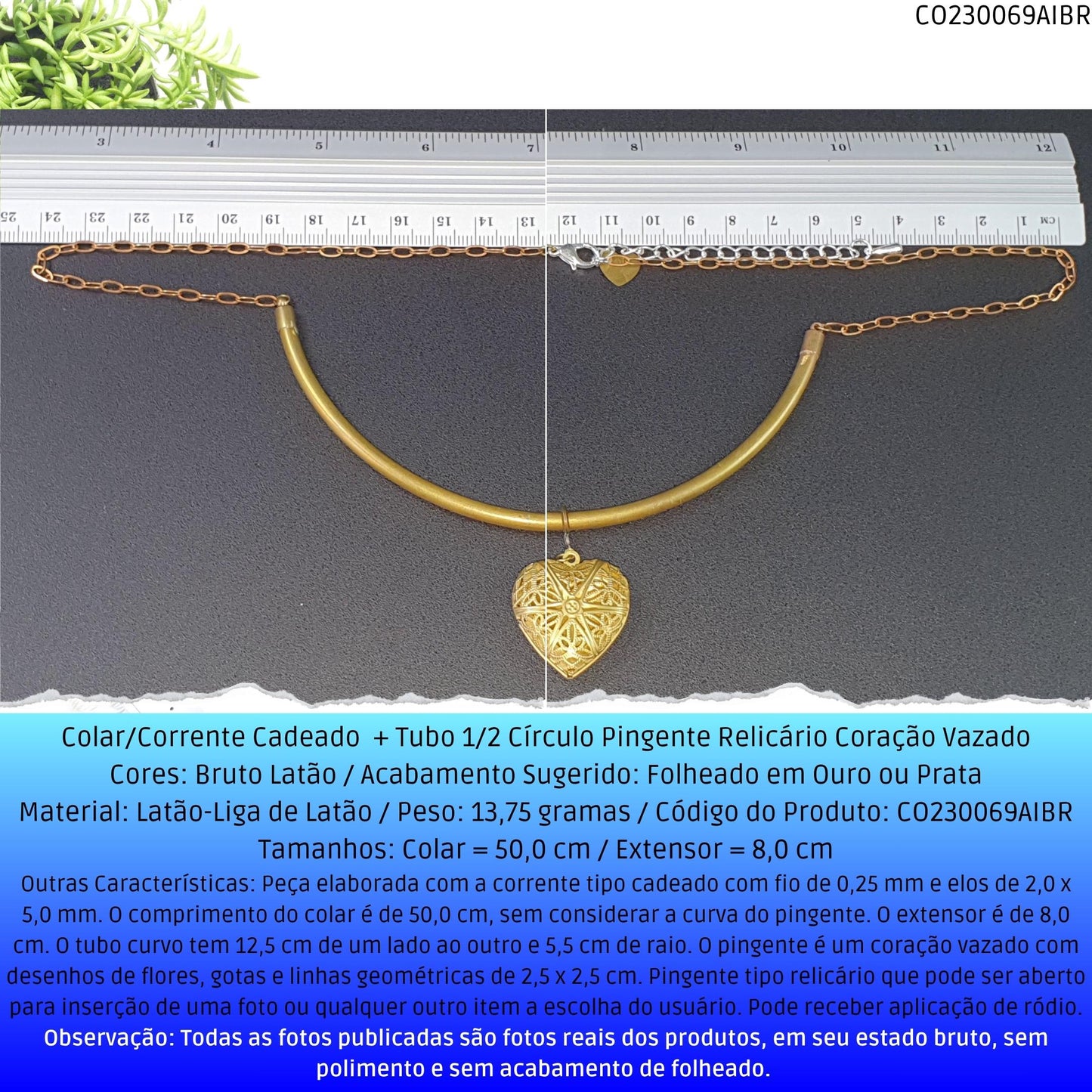 Colar/Corrente Cadeado  + Tubo 1/2 Círculo Pingente Relicário Coração Vazado  - Código.: CO230069AIBR  - Peso.: 13.8 gr