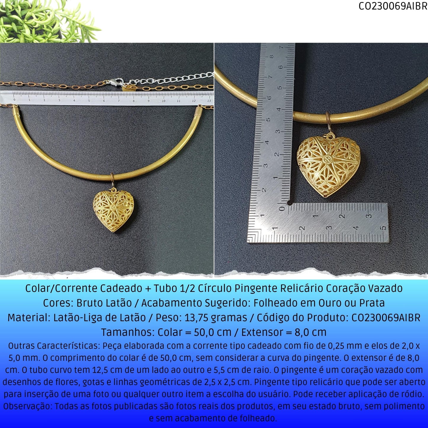 Colar/Corrente Cadeado  + Tubo 1/2 Círculo Pingente Relicário Coração Vazado  - Código.: CO230069AIBR  - Peso.: 13.8 gr