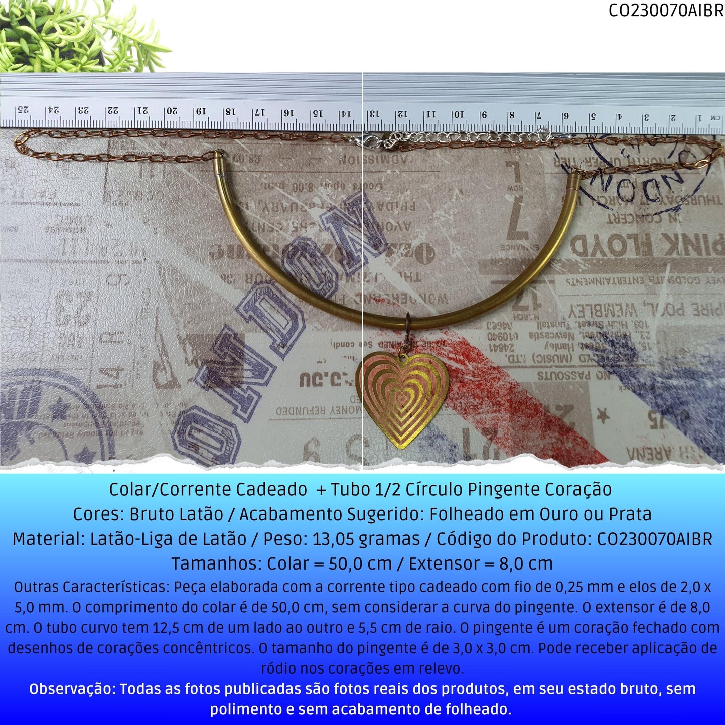 Colar/Corrente Cadeado  + Tubo 1/2 Círculo Pingente Coração   - Código.: CO230070AIBR  - Peso.: 13.1 gr