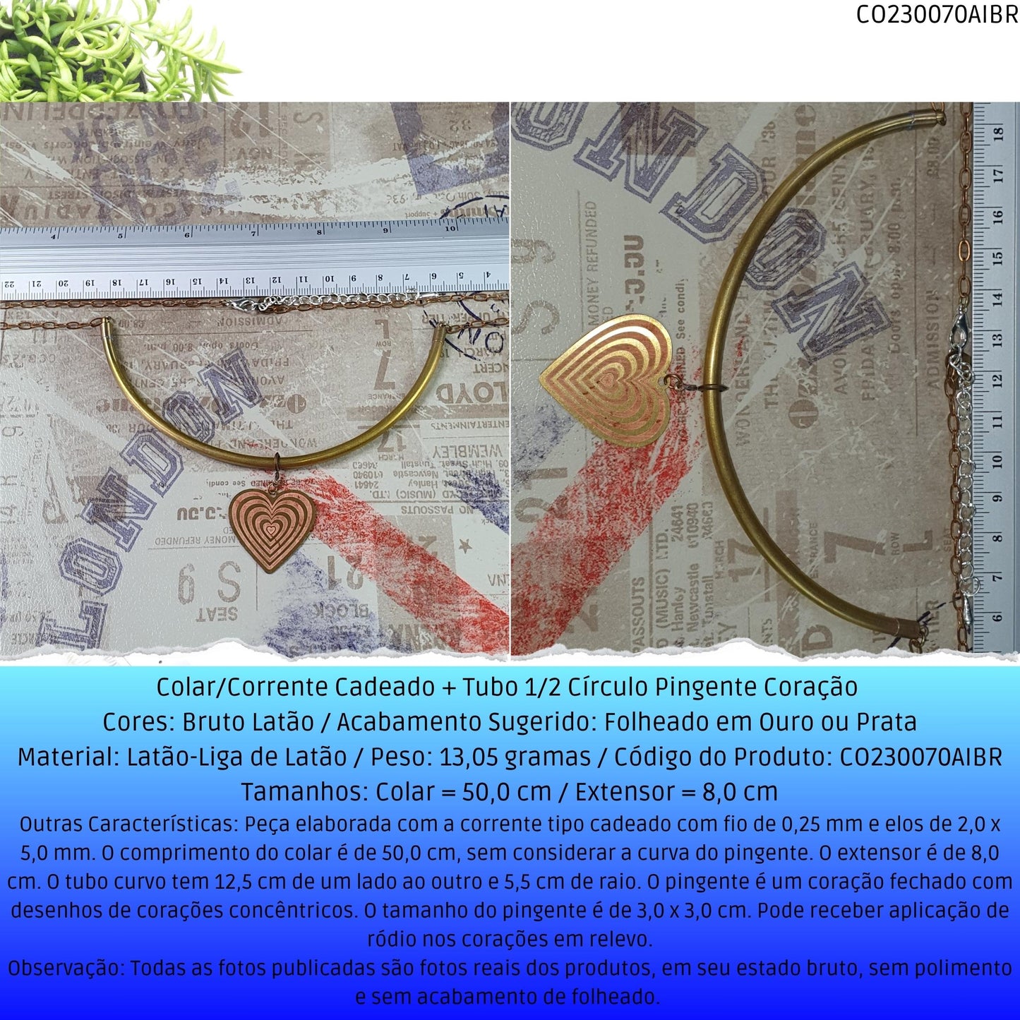 Colar/Corrente Cadeado  + Tubo 1/2 Círculo Pingente Coração   - Código.: CO230070AIBR  - Peso.: 13.1 gr