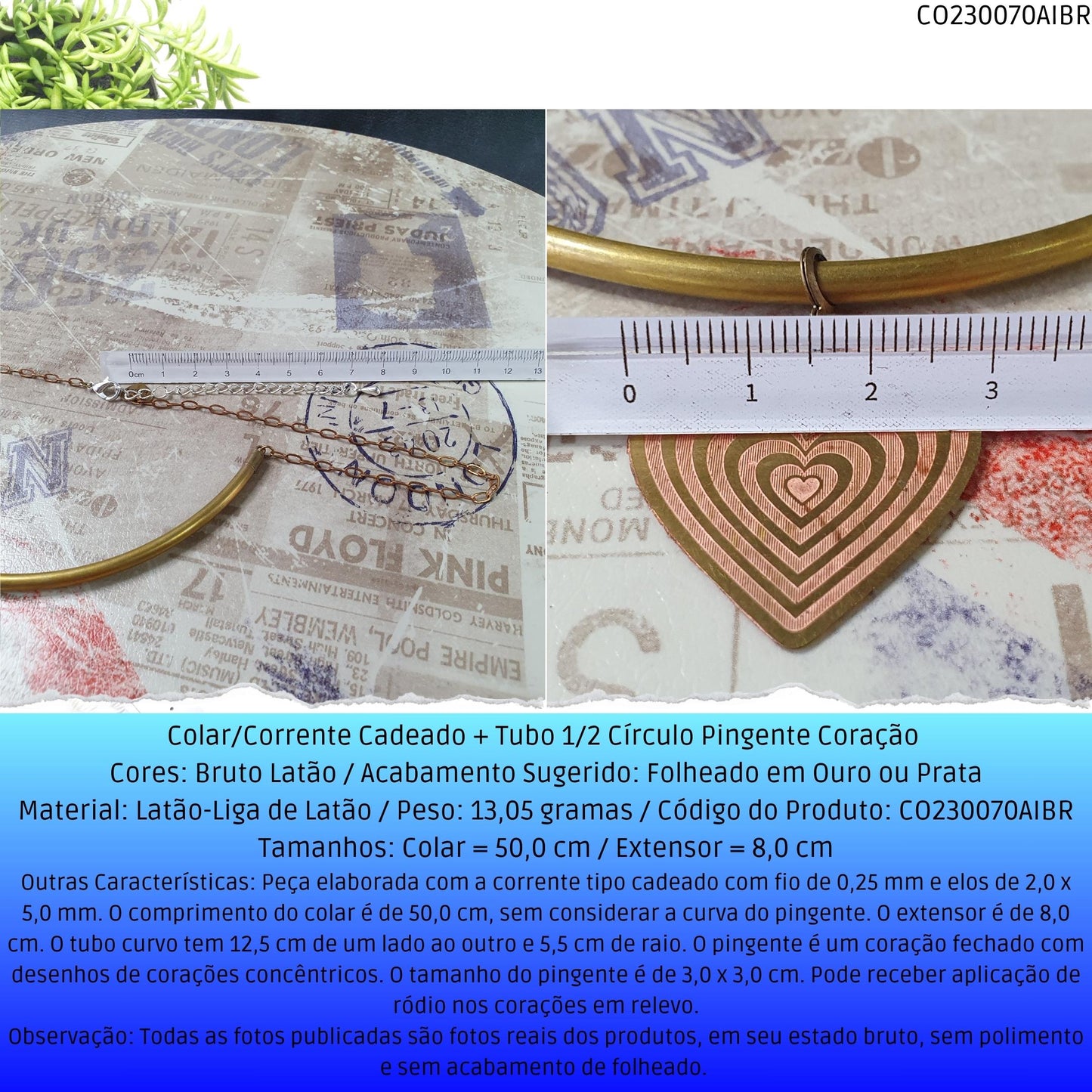 Colar/Corrente Cadeado  + Tubo 1/2 Círculo Pingente Coração   - Código.: CO230070AIBR  - Peso.: 13.1 gr