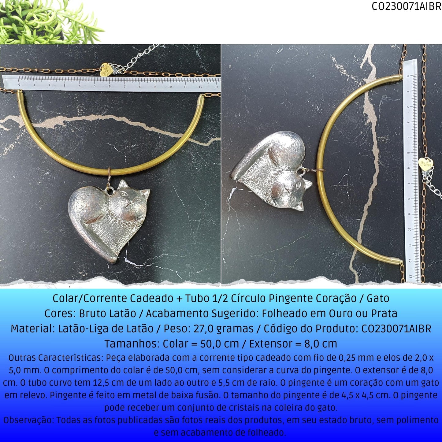 Colar/Corrente Cadeado  + Tubo 1/2 Círculo Pingente Coração / Gato  - Código.: CO230071AIBR  - Peso.: 27.0 gr