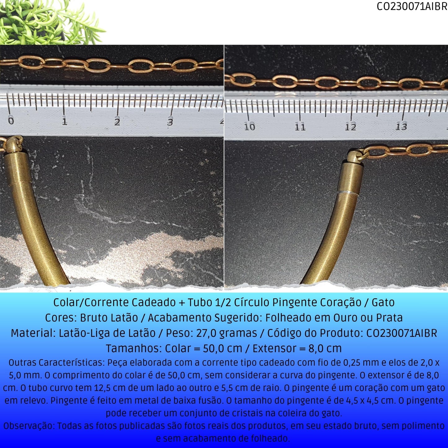 Colar/Corrente Cadeado  + Tubo 1/2 Círculo Pingente Coração / Gato  - Código.: CO230071AIBR  - Peso.: 27.0 gr