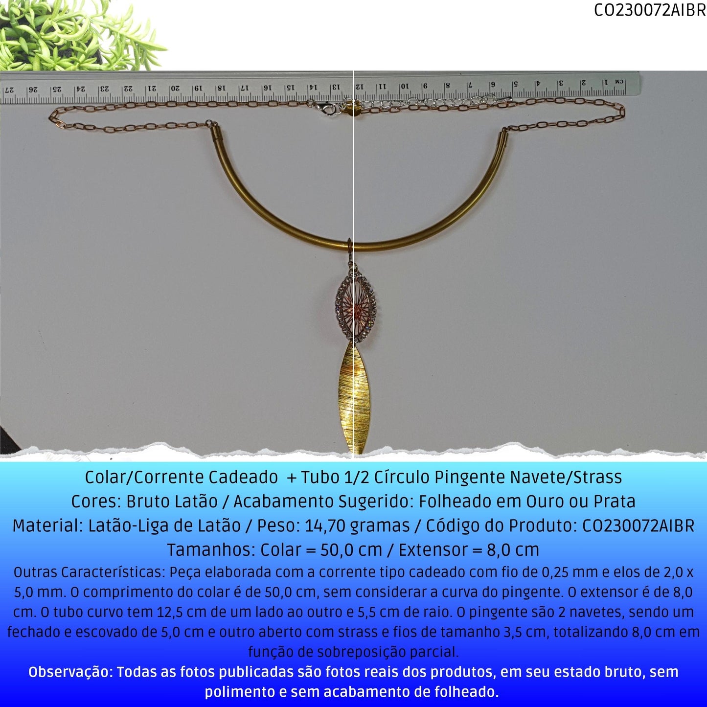 Colar/Corrente Cadeado  + Tubo 1/2 Círculo Pingente Navete/Strass  - Código.: CO230072AIBR  - Peso.: 14.7 gr
