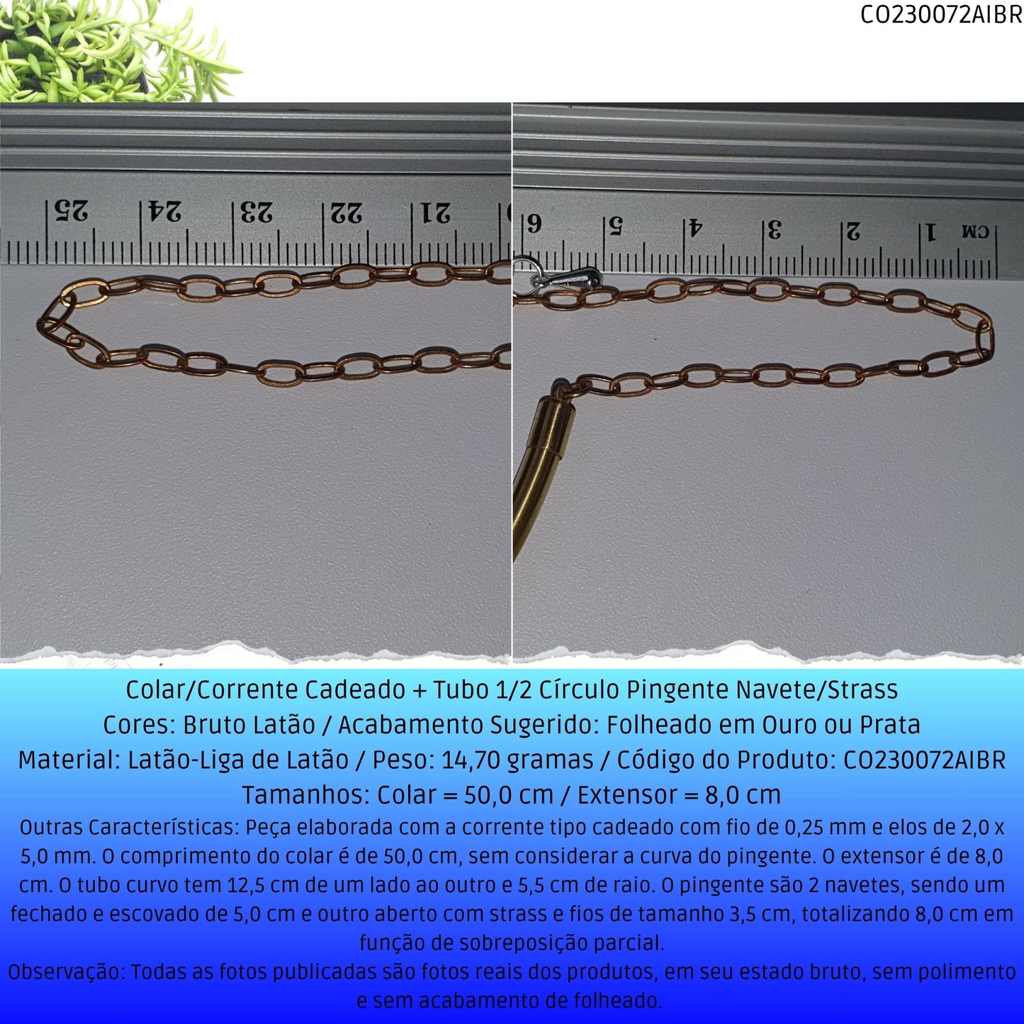 Colar/Corrente Cadeado  + Tubo 1/2 Círculo Pingente Navete/Strass  - Código.: CO230072AIBR  - Peso.: 14.7 gr