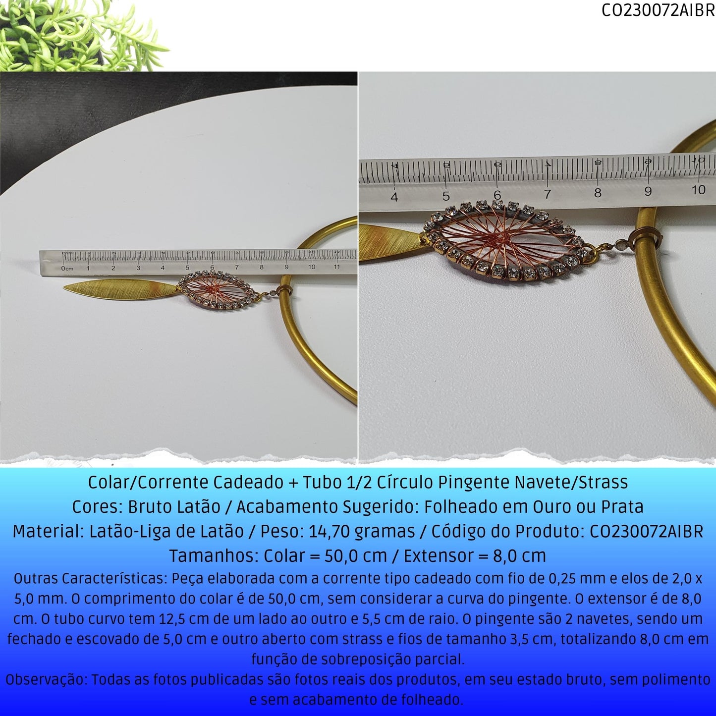 Colar/Corrente Cadeado  + Tubo 1/2 Círculo Pingente Navete/Strass  - Código.: CO230072AIBR  - Peso.: 14.7 gr