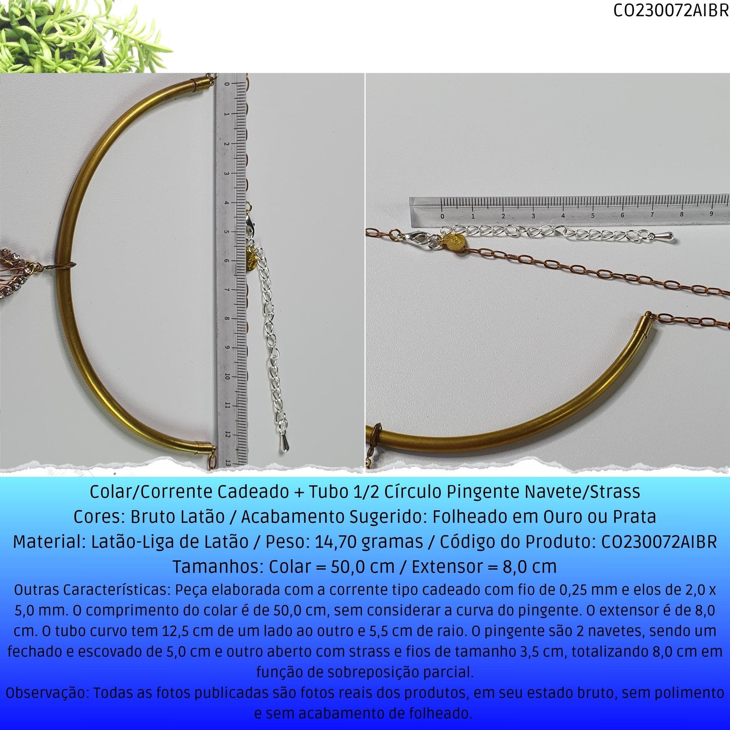 Colar/Corrente Cadeado  + Tubo 1/2 Círculo Pingente Navete/Strass  - Código.: CO230072AIBR  - Peso.: 14.7 gr