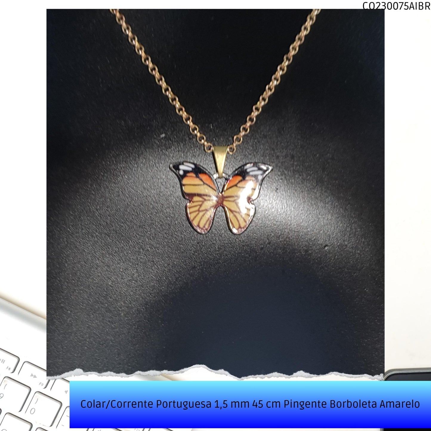 Colar/Corrente Portuguesa 1.5 mm 45 cm Pingente Borboleta Amarela  - Código.: CO230075AIBR  - Peso.: 5.0 gr